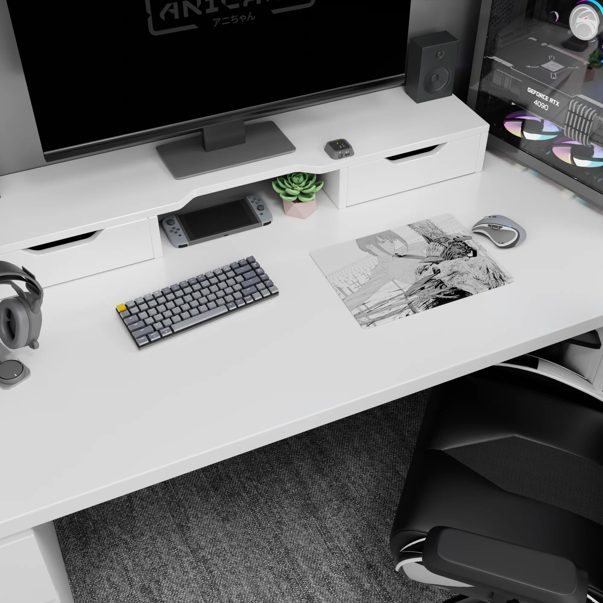 Makima and Chainsaw Man anime mouse pad, 14x10 inches, grayscale design with intense ink and blood scene, evokes tension.