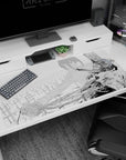 Desk pad 40x20 inches featuring Makima and Chainsaw Man in intense grayscale, capturing their powerful and dramatic moment.