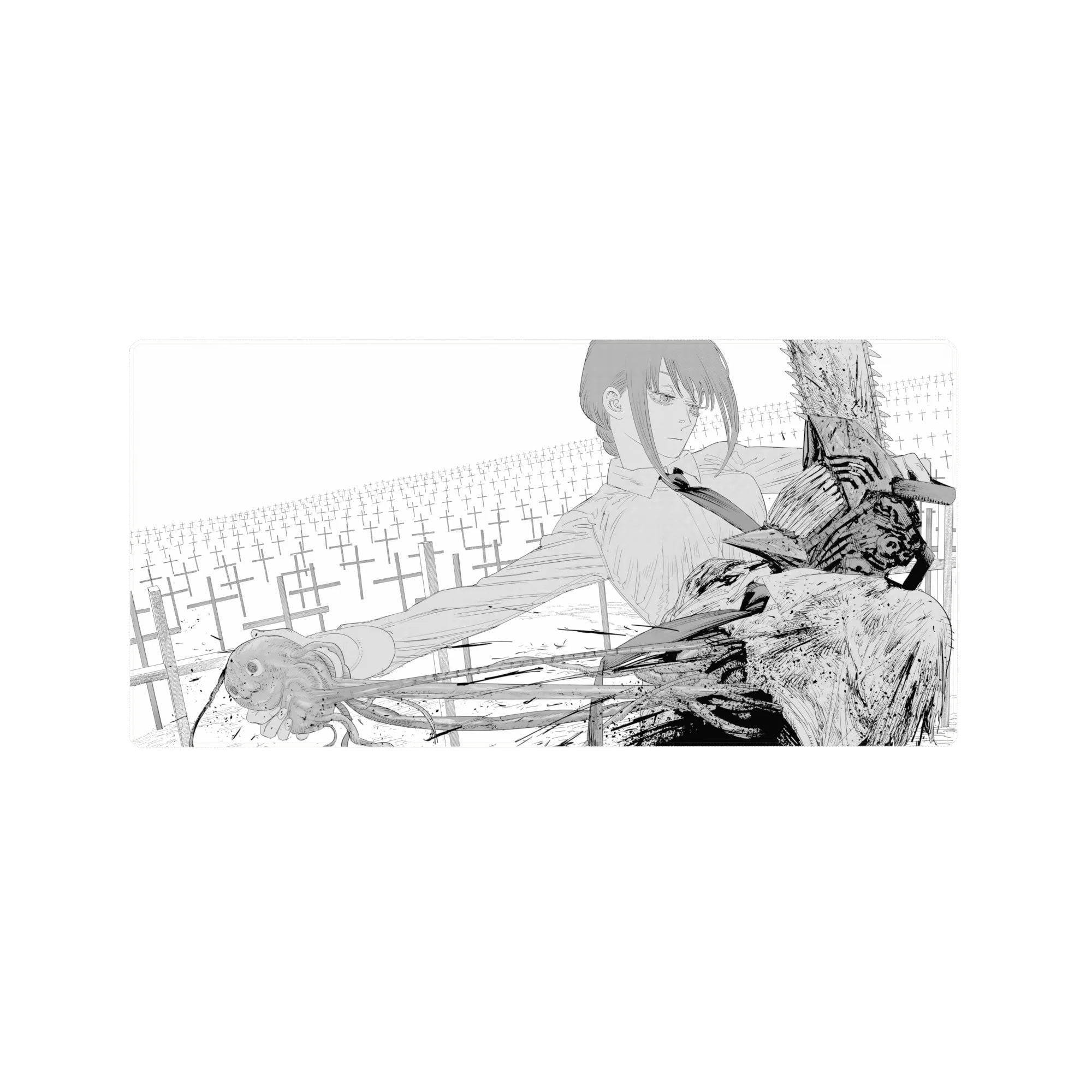 Makima and Denji from Chainsaw Man on a 32x16 inch mouse pad; intense grayscale art with dynamic contrast capturing power.