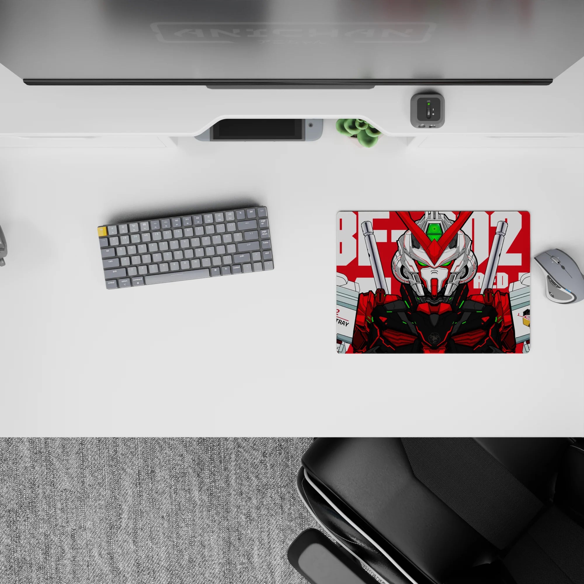 Red and white anime mouse pad 14x10 inches with vivid green sensor glow, bold, intense mecha vibe.