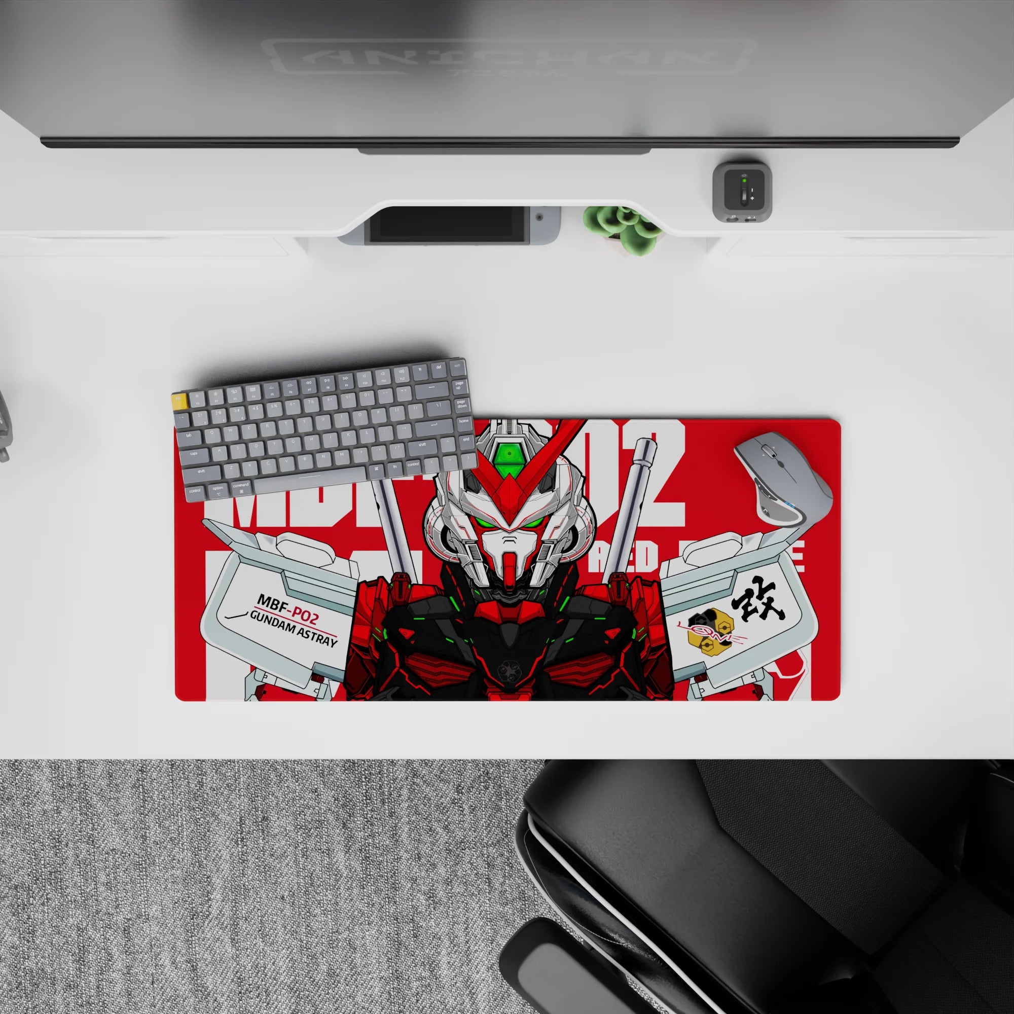 28x12 inches anime mouse pad in bold red and crisp white with a vivid green sensor glow for a sleek sci-fi vibe.