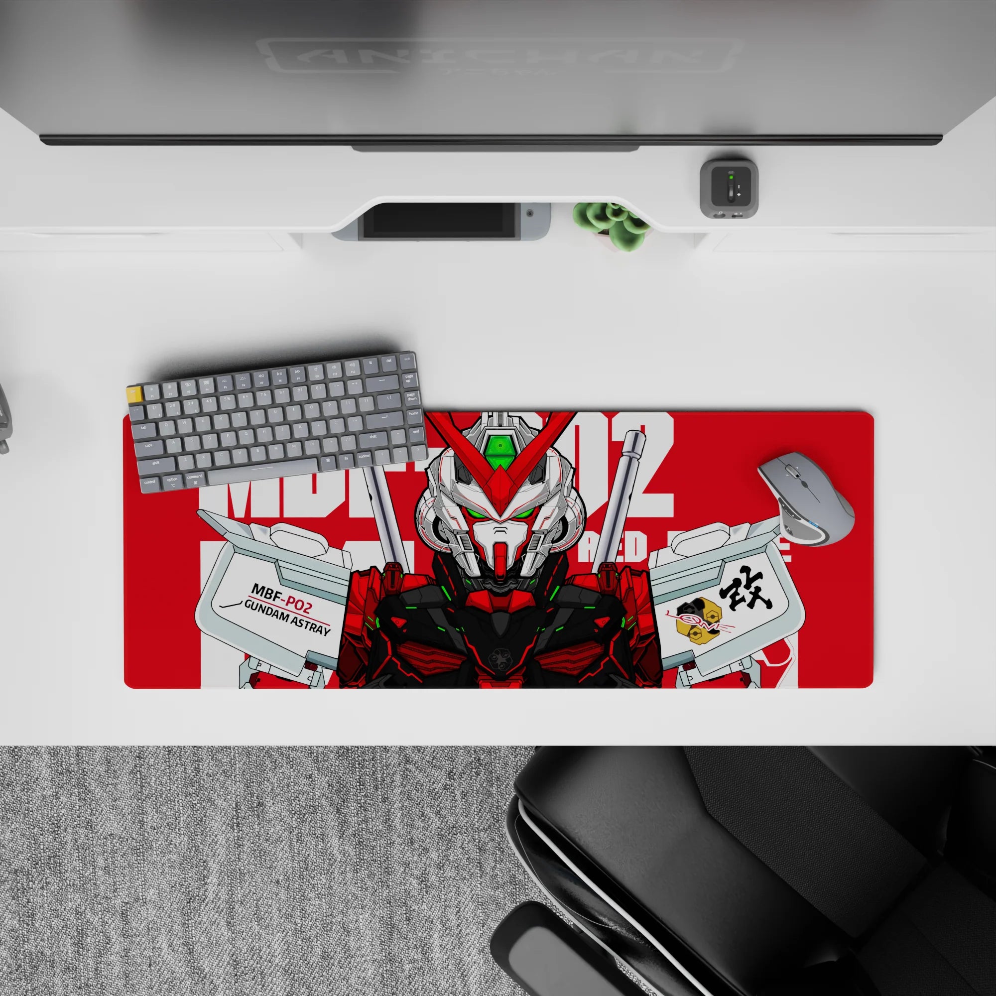 32x12 inches anime mouse pad in bold red and crisp white with a vivid green sensor glow, sleek and intense.