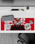 32x12 inches anime mouse pad in bold red and crisp white with a vivid green sensor glow, sleek and intense.