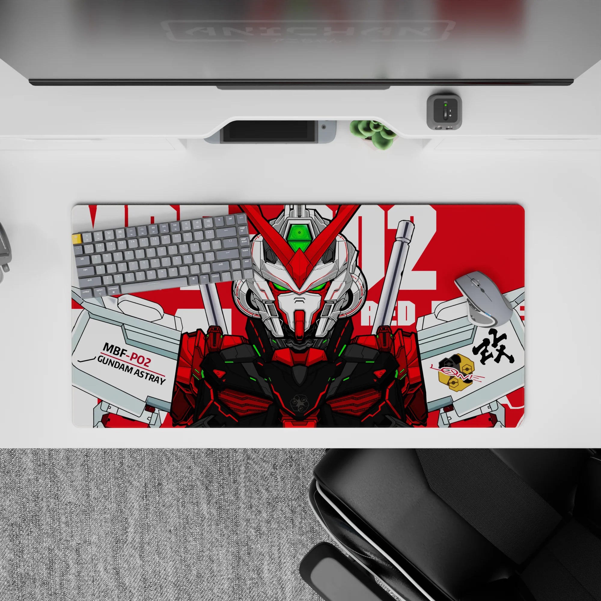 32x16 inches anime mouse pad in bold red and crisp white with a vivid green sensor glow.