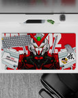 32x16 inches anime mouse pad in bold red and crisp white with a vivid green sensor glow.