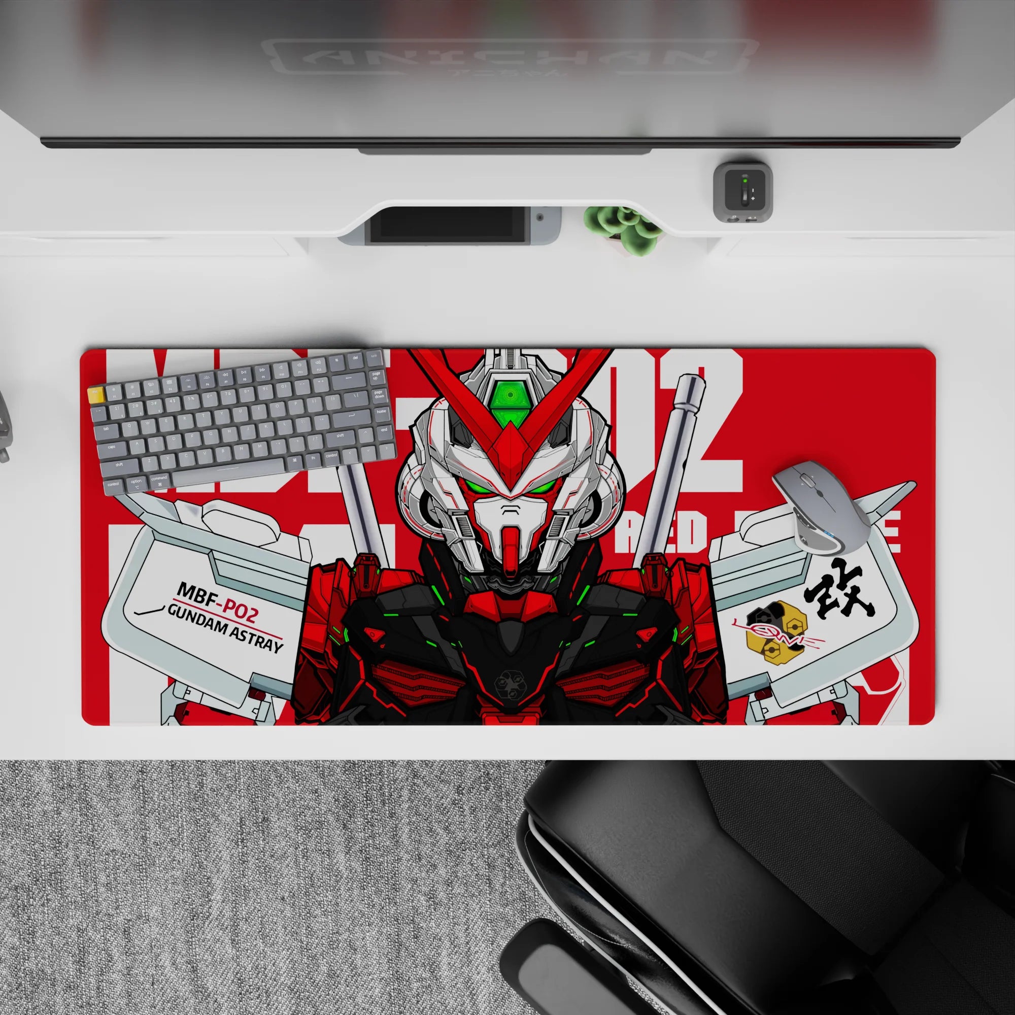 36x16 inches anime desk pad in bold red and crisp white, with vivid green sensor glow and sleek sci-fi vibe.