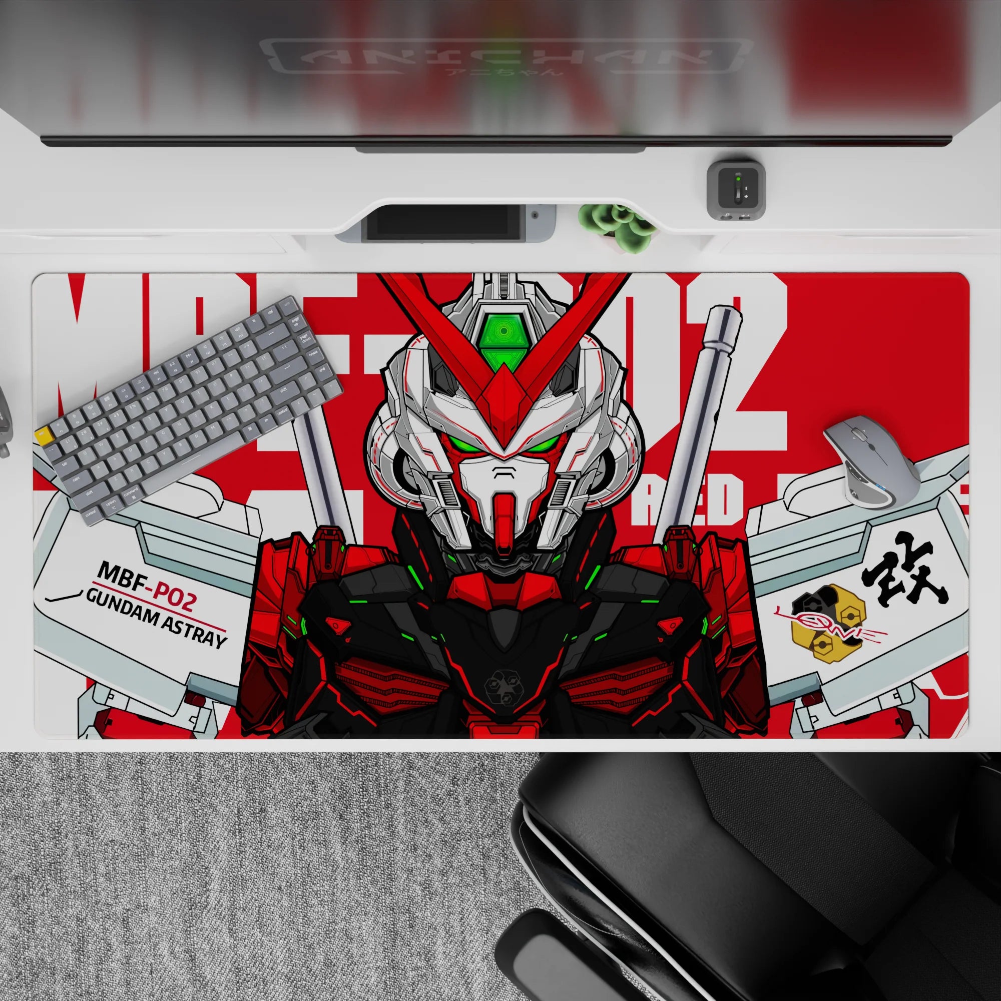 40x20 inches anime desk pad in bold red and crisp white with vivid green sensor glow, sleek sci-fi vibe.