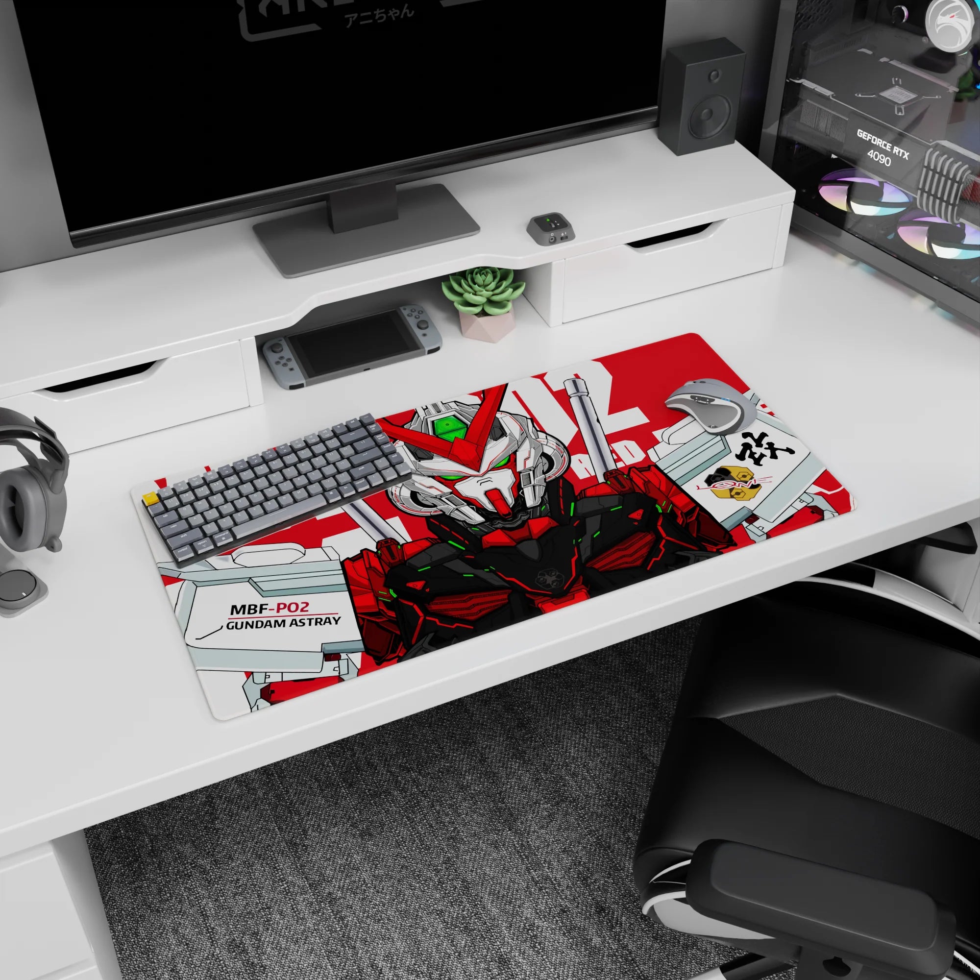 32x16 inches anime mouse pad featuring MBF-P02 Gundam Astray staring forward with twin swords.