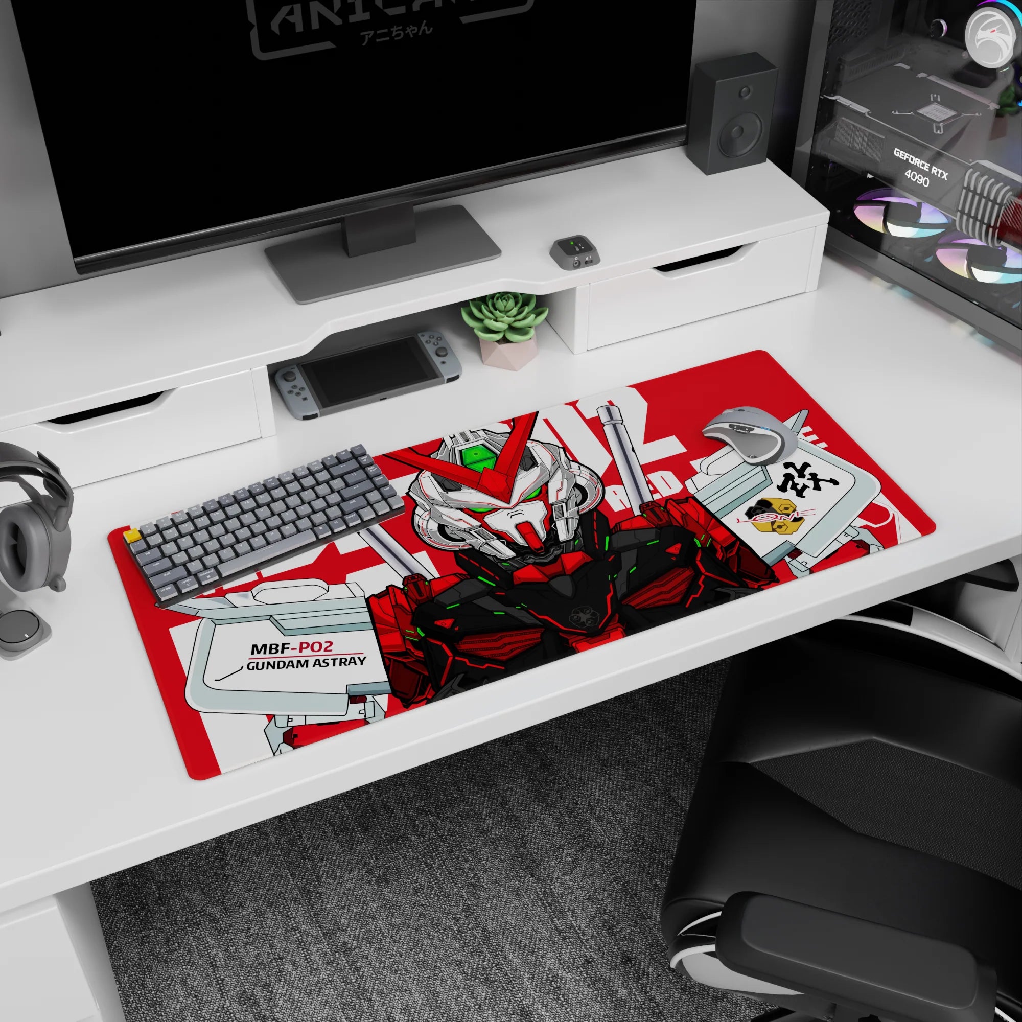 36x16 inches anime desk pad featuring MBF-P02 Gundam Astray staring forward, blades drawn, sharp linework.