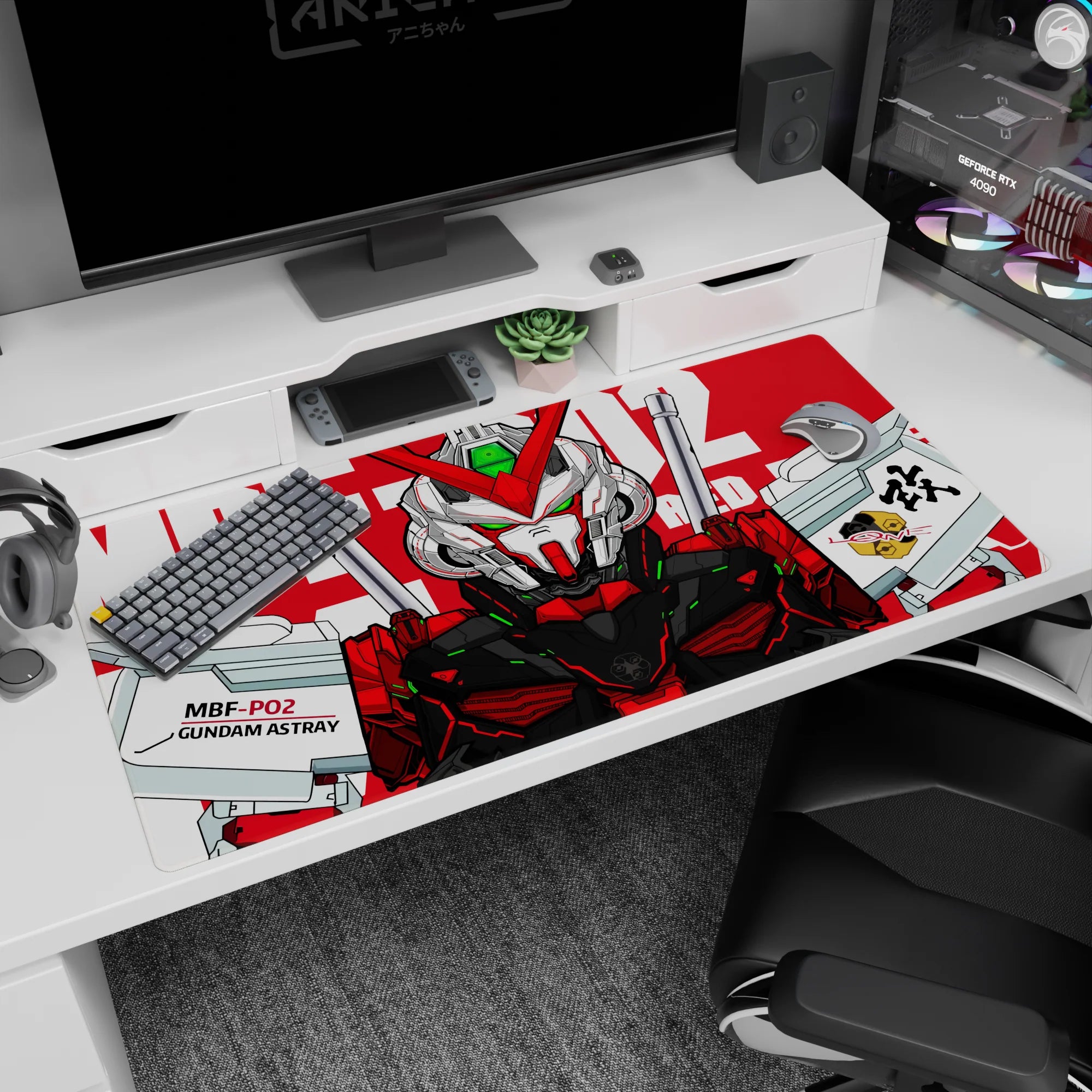40x20 inches anime desk pad featuring MBF-P02 Gundam Astray staring forward, blades drawn, sharp details.