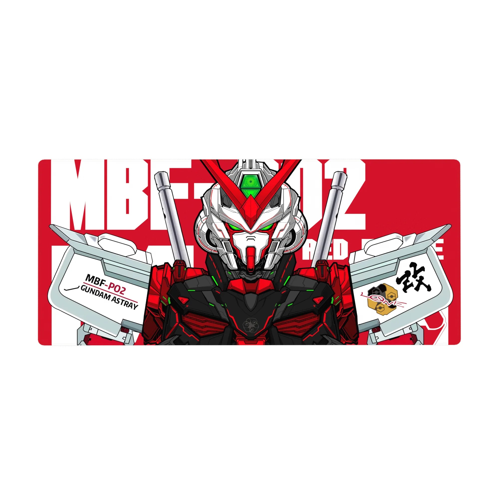 36x16 inches anime desk pad with Gundam Astray red-white mecha art, twin blades and tech decals.