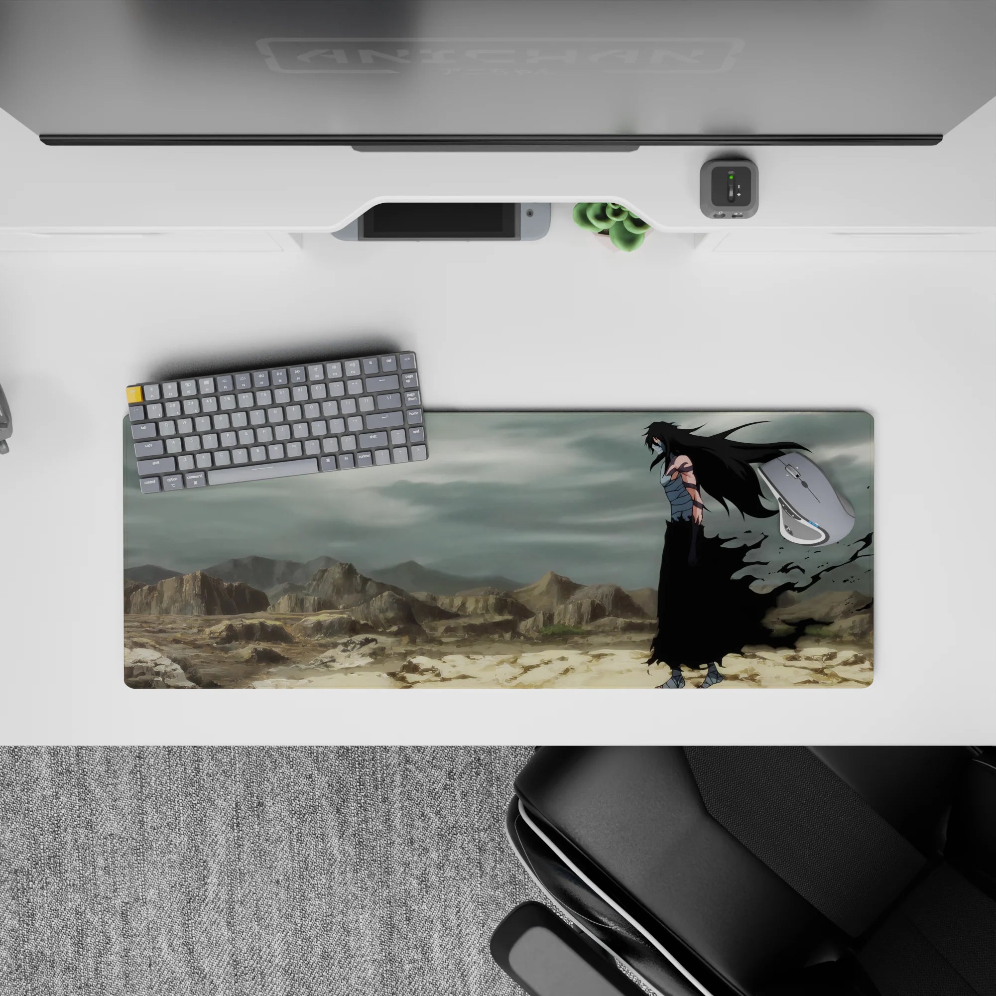 Anime mouse pad 32x12 inches featuring Ichigo Kurosaki in full Hollow form from Bleach, set in a windswept wasteland.