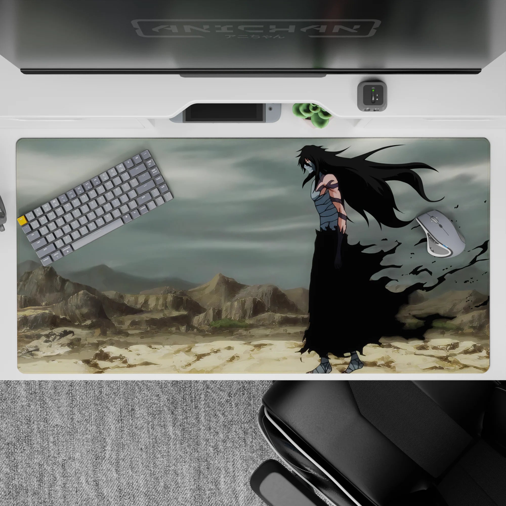 Anime desk pad 40x20 inches featuring Ichigo Kurosaki in full Hollow form from Bleach, in a desolate wasteland.