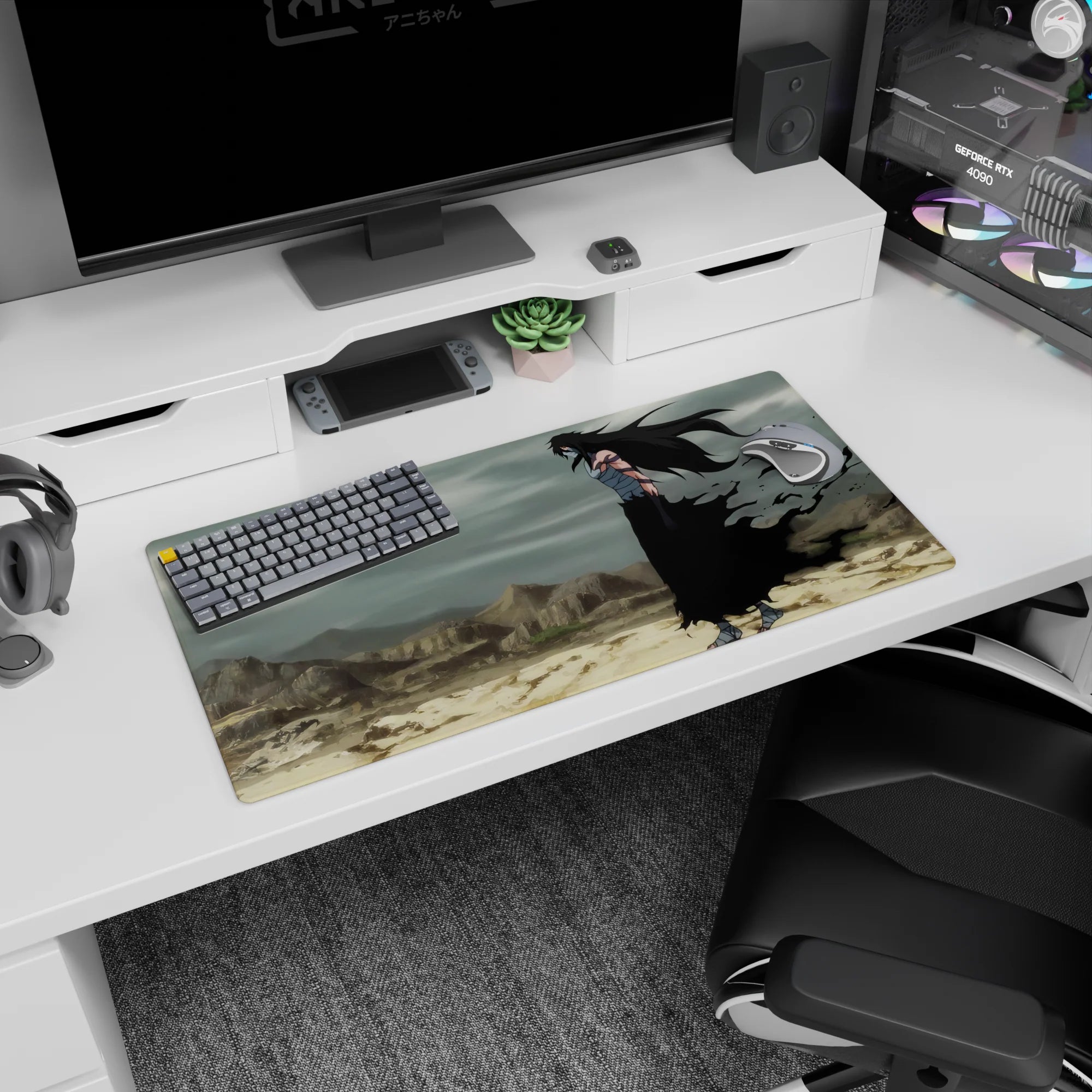 Ichigo Kurosaki in full Hollow form from Bleach on 32x16 inch anime mouse pad, in a dark wasteland with swirling clouds.