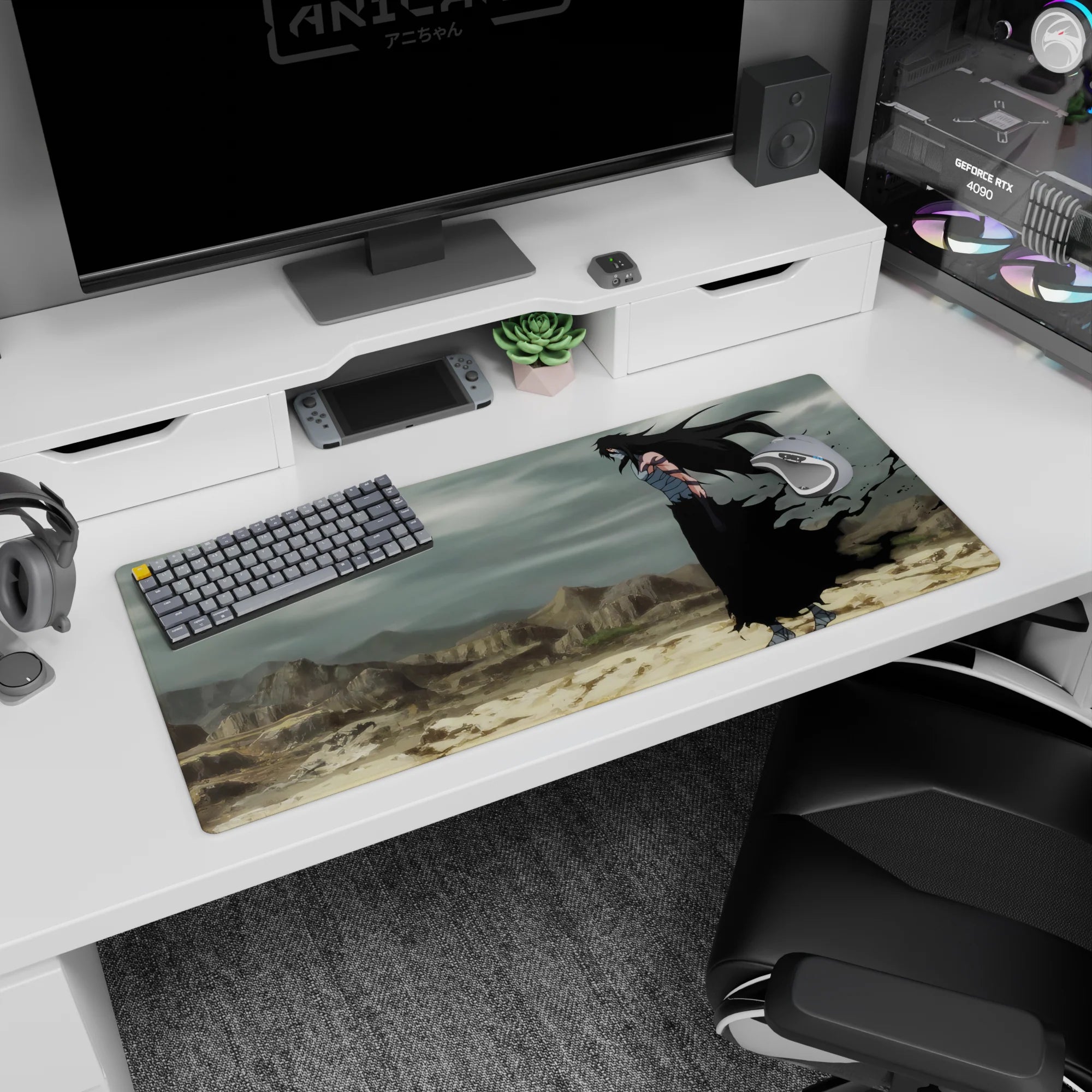 Anime desk pad 36x16 inches featuring Ichigo Kurosaki in full Hollow form from Bleach, set in a stormy wasteland.