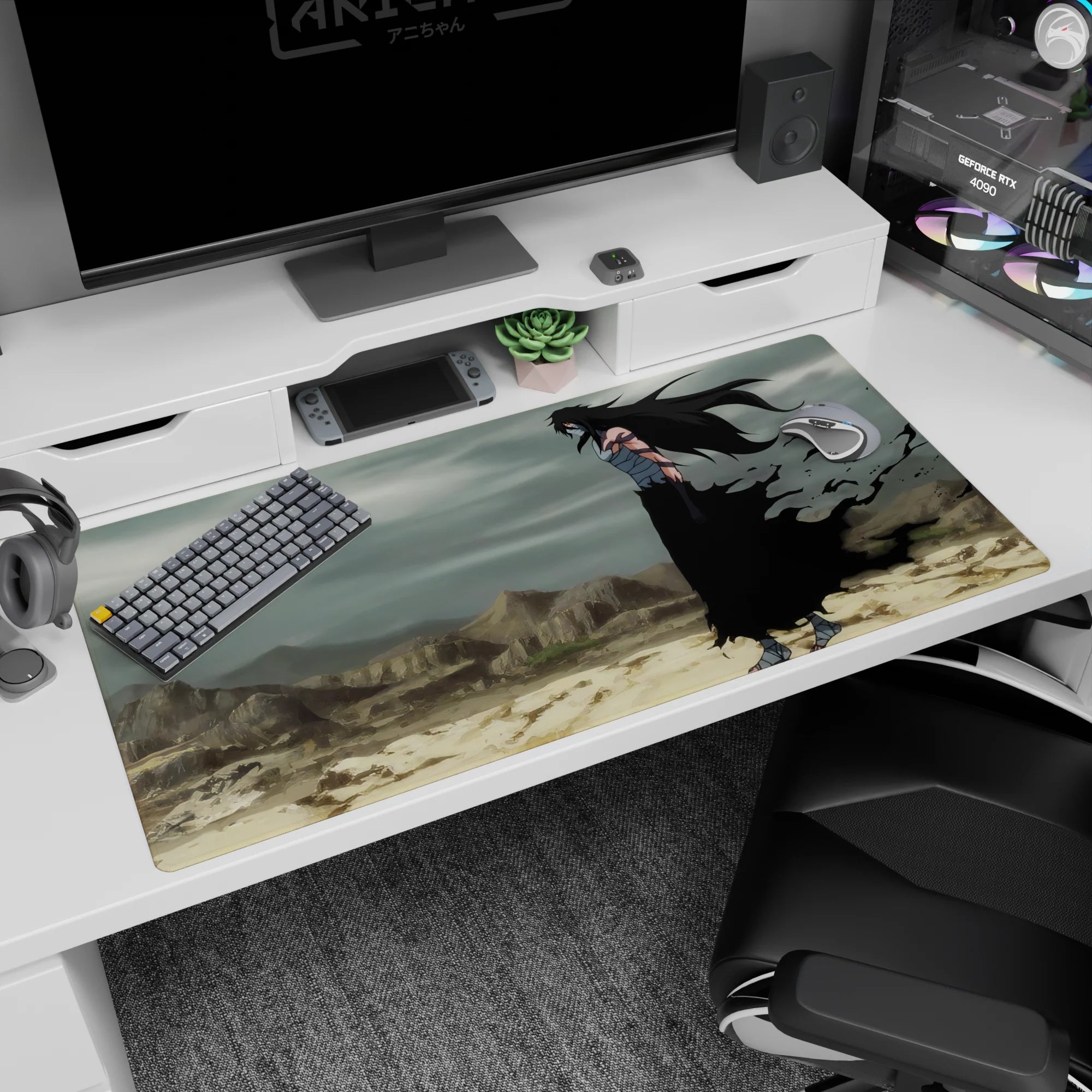 Ichigo Kurosaki in full Hollow form from Bleach on a 40x20 inch anime desk pad, set in a desolate wasteland.