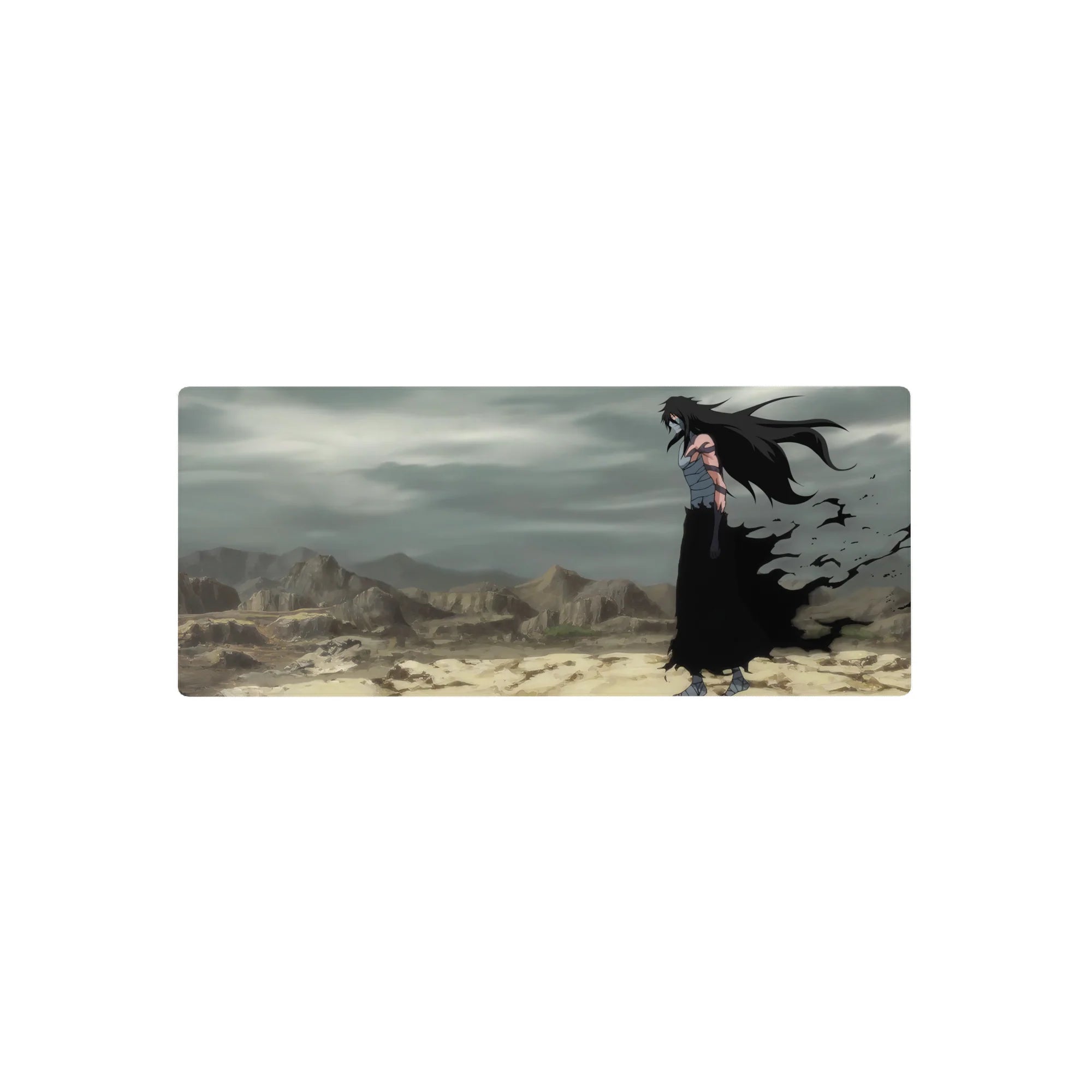 Anime mouse pad 28x12 inches featuring Ichigo Kurosaki in Hollow form from Bleach, in a desolate wasteland setting.