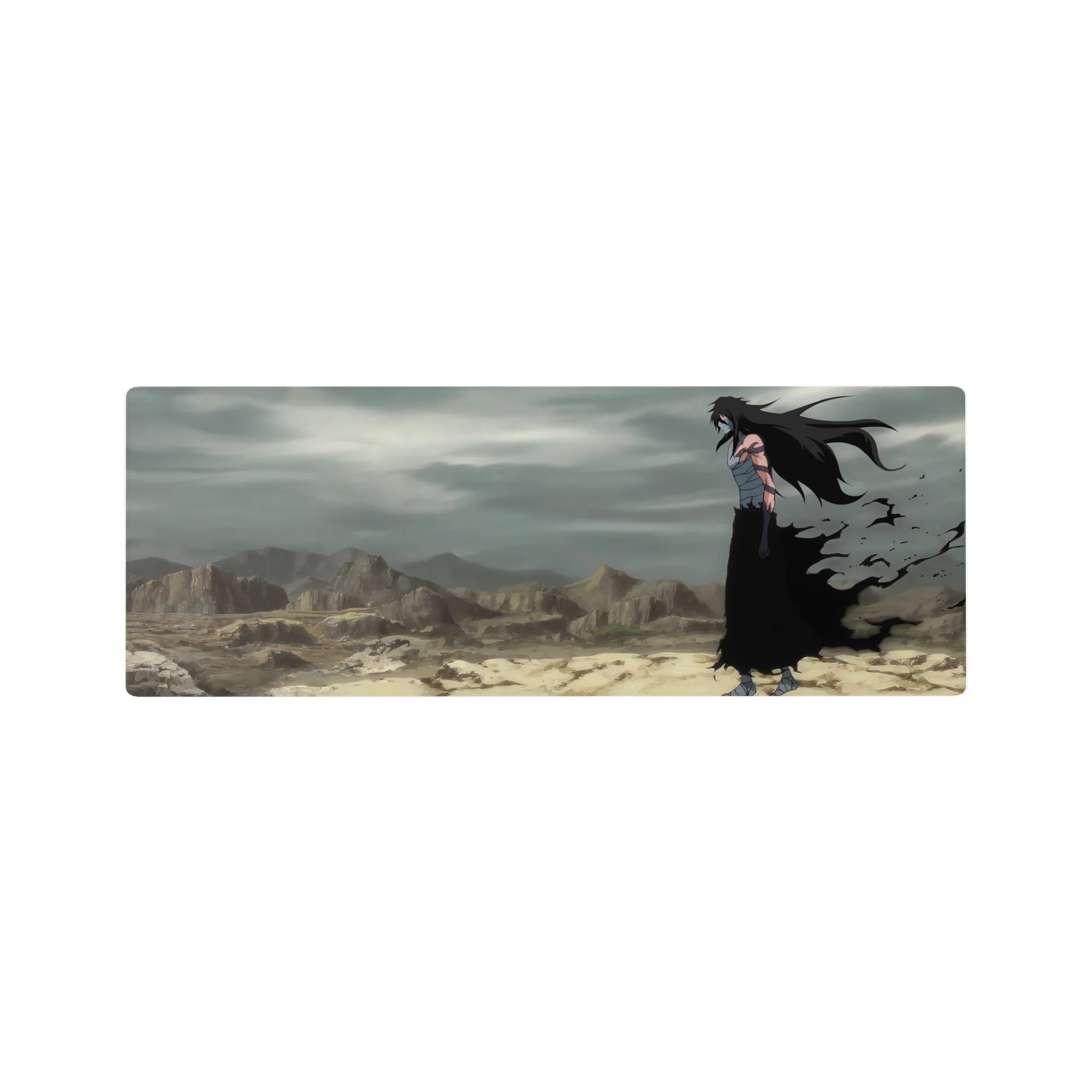 Ichigo Kurosaki in Hollow form from Bleach on a 32x12 inch anime mouse pad, set in a desolate, windswept wasteland.