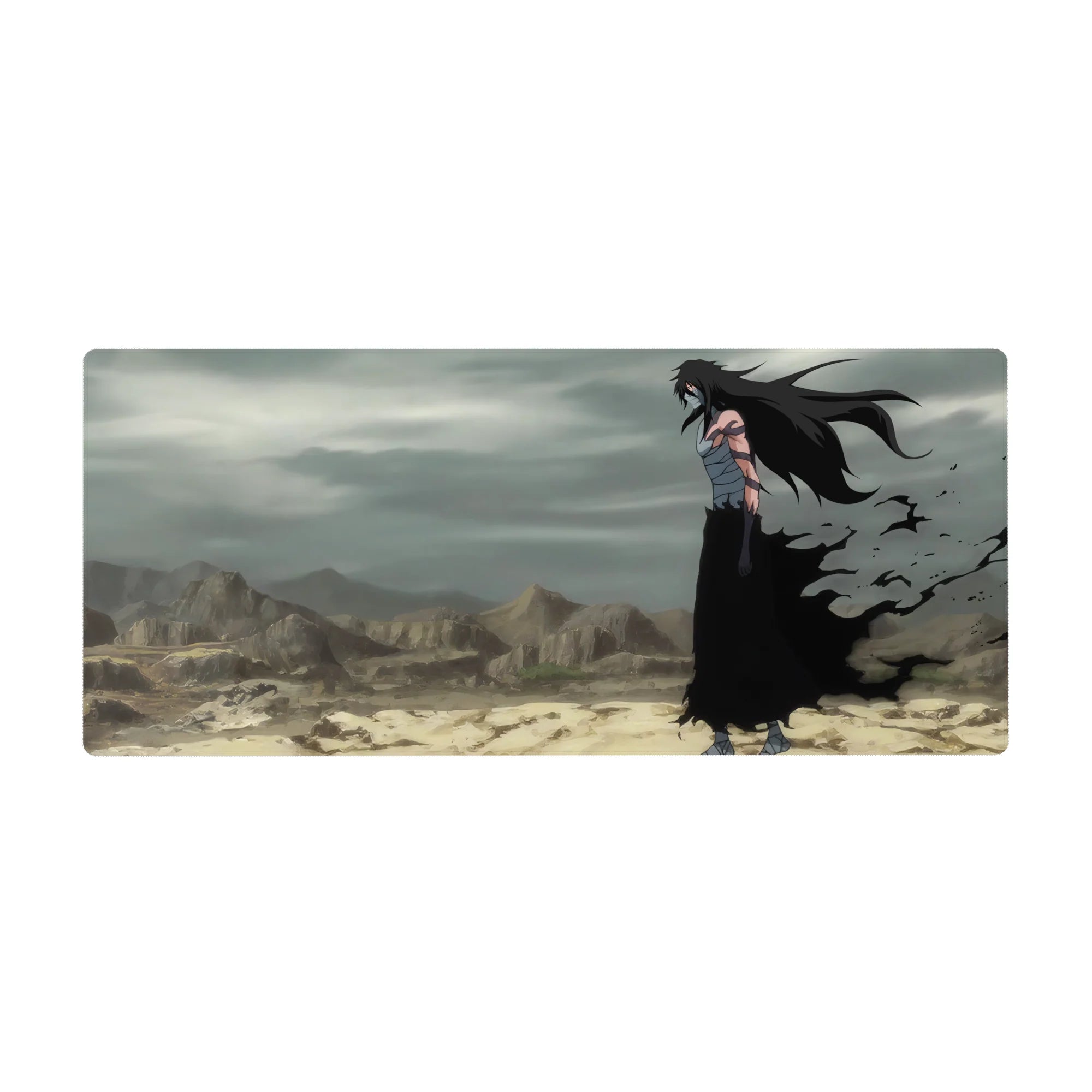 Anime mouse pad 36x16 inches featuring Ichigo Kurosaki in Hollow form from Bleach, set in a desolate, windswept wasteland.