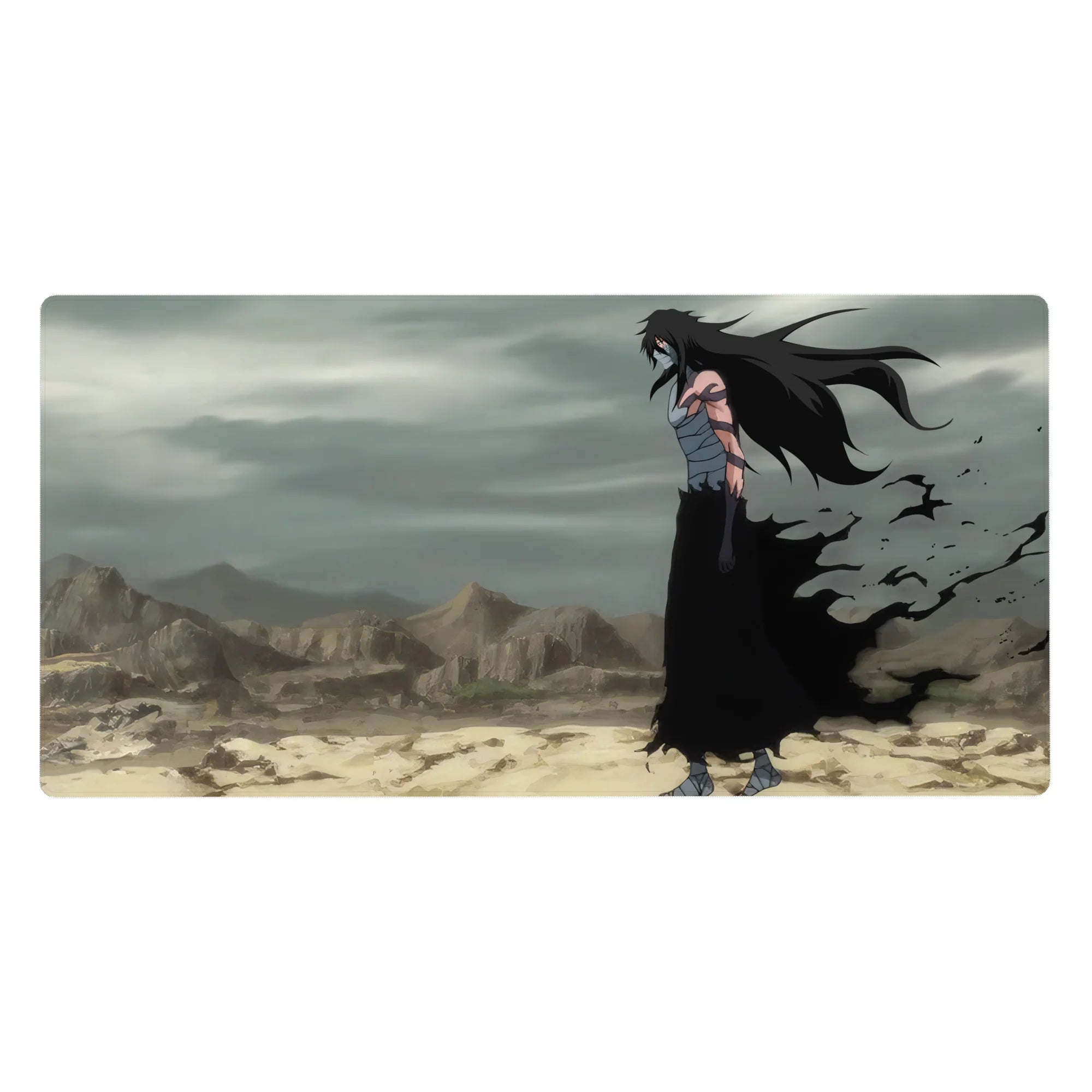 Ichigo Kurosaki in full Hollow form, Bleach anime mouse pad, 40x20 inches, in a dark wasteland with churning clouds.