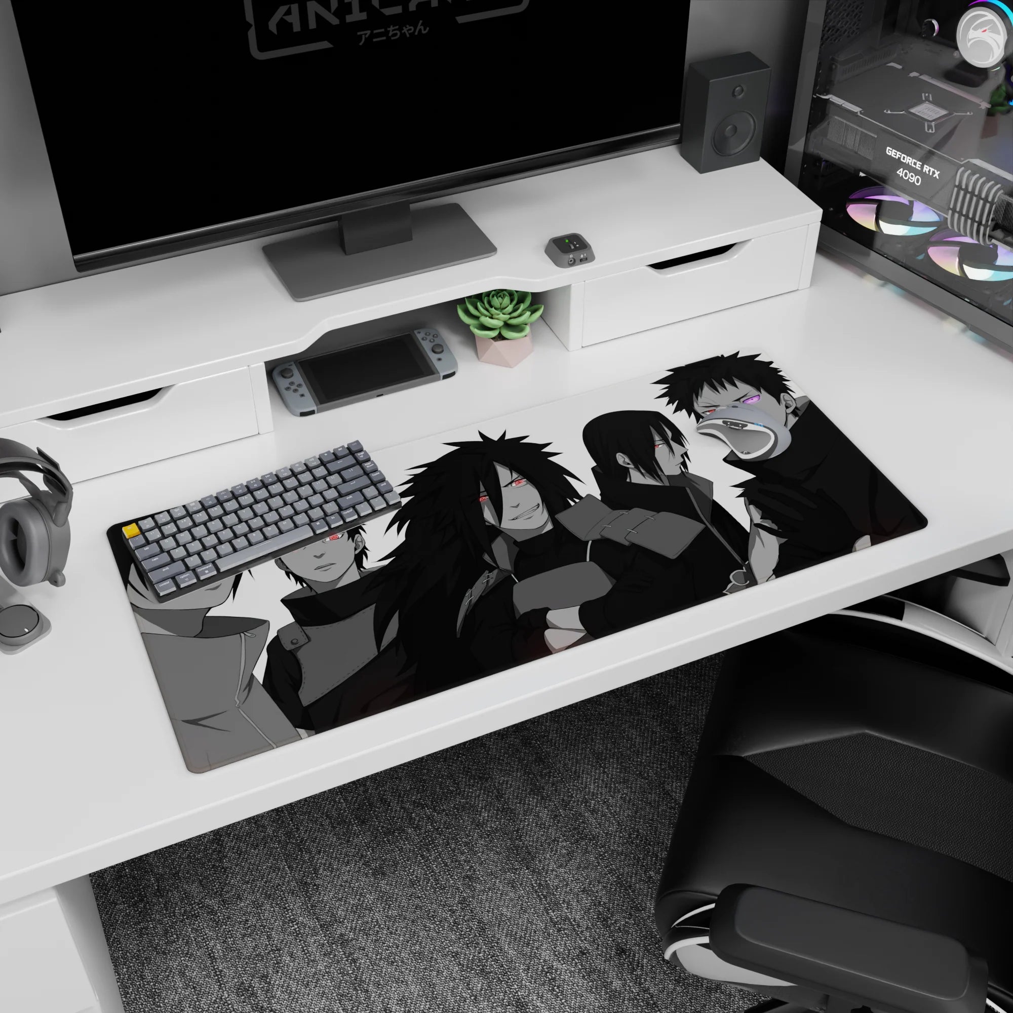 36x16 inches Naruto desk pad featuring Sasuke, Itachi, Madara, Obito, and Shisui in a stormy lineup.