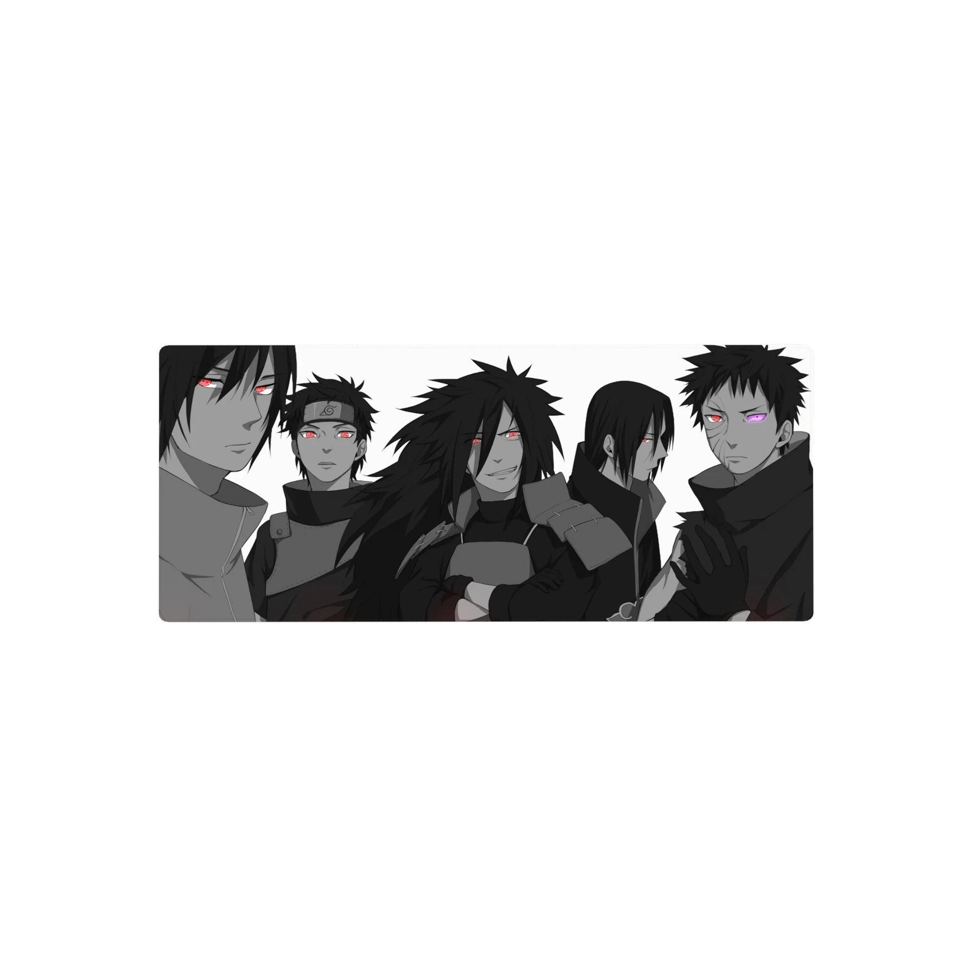 28x12 inches anime mouse pad with grayscale Uchiha lineup, Sharingan and Rinnegan eye accents.