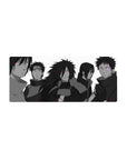 28x12 inches anime mouse pad with grayscale Uchiha lineup, Sharingan and Rinnegan eye accents.
