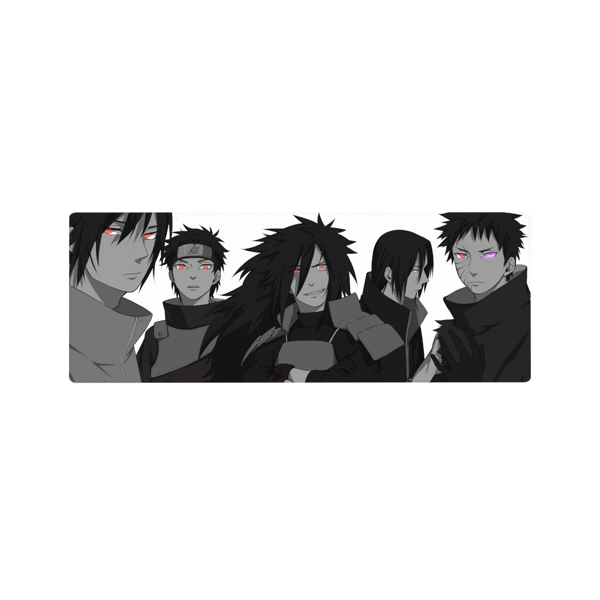 32x12 inches anime mouse pad with Uchiha lineup, spiky hair and cloaks in sleek grayscale.