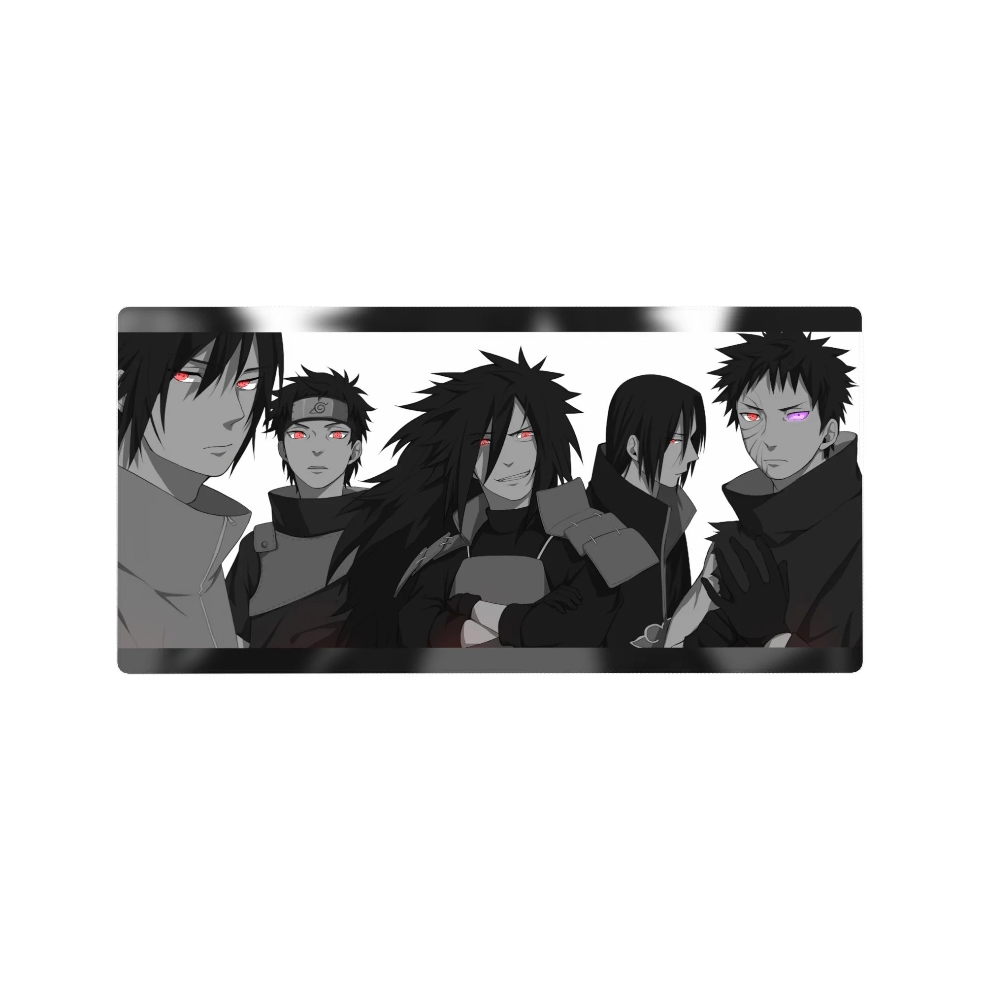 32x16 inches anime mouse pad with Sasuke, Itachi, Madara, Obito and Shisui lineup in grayscale.
