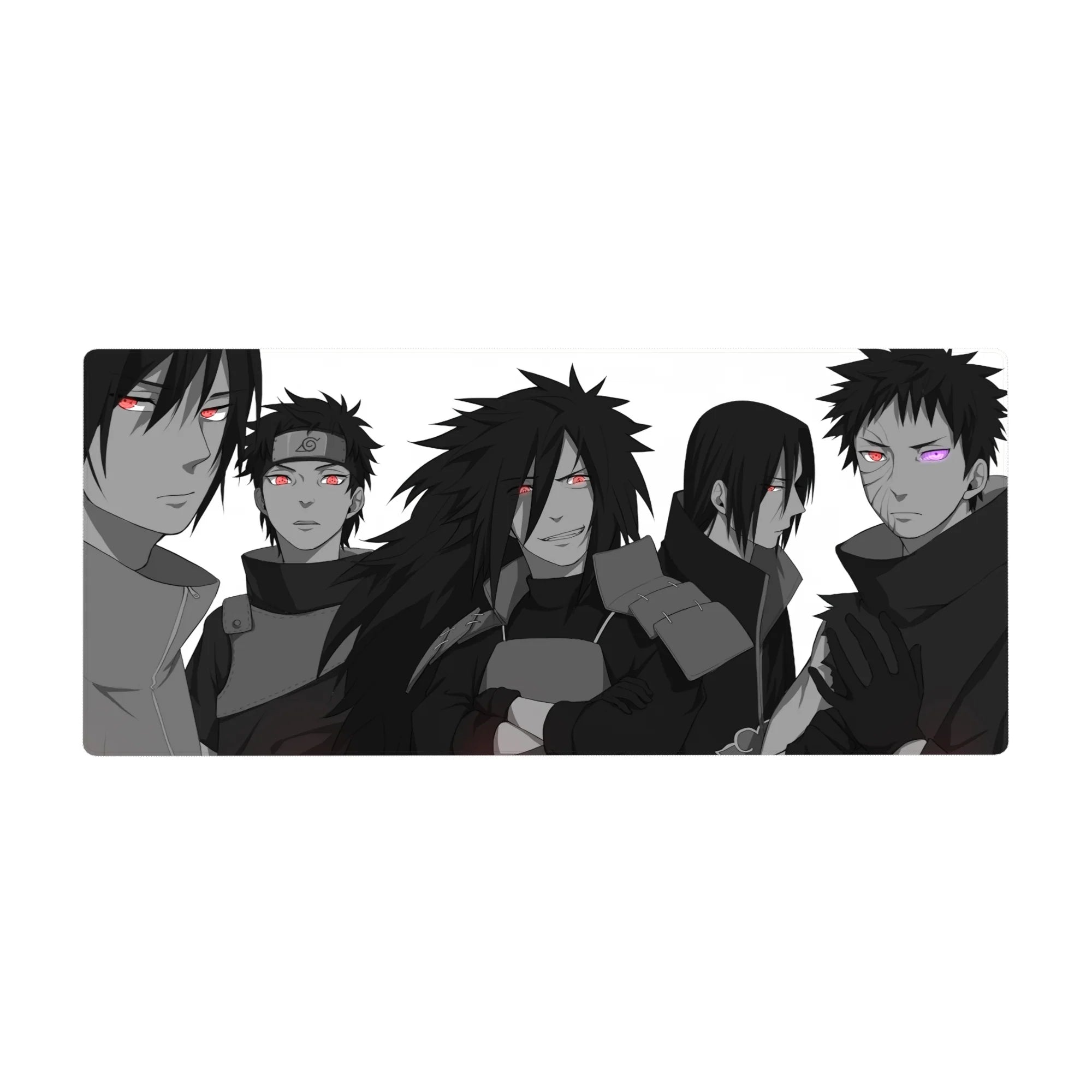 36x16 inches anime desk pad with grayscale Uchiha lineup and bold spiky hair, cloaks, and eye symbols.