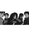 36x16 inches anime desk pad with grayscale Uchiha lineup and bold spiky hair, cloaks, and eye symbols.