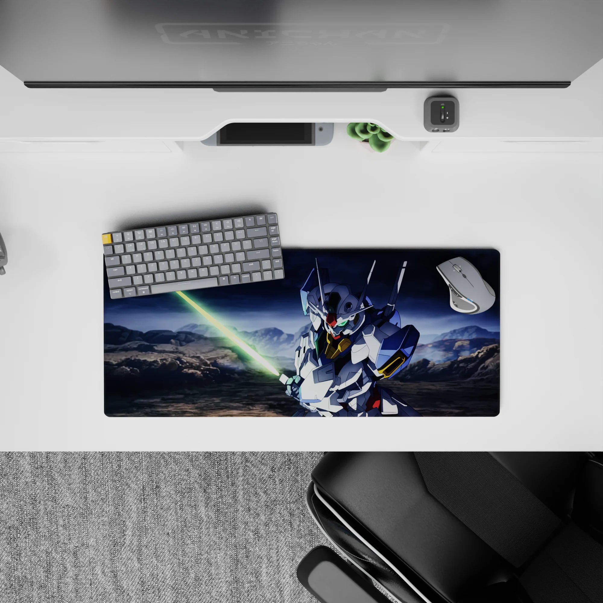28x12 inches anime mouse pad with crisp white armor, blue panels, gold chest, red chin in a dramatic mood.