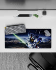 28x12 inches anime mouse pad with crisp white armor, blue panels, gold chest, red chin in a dramatic mood.