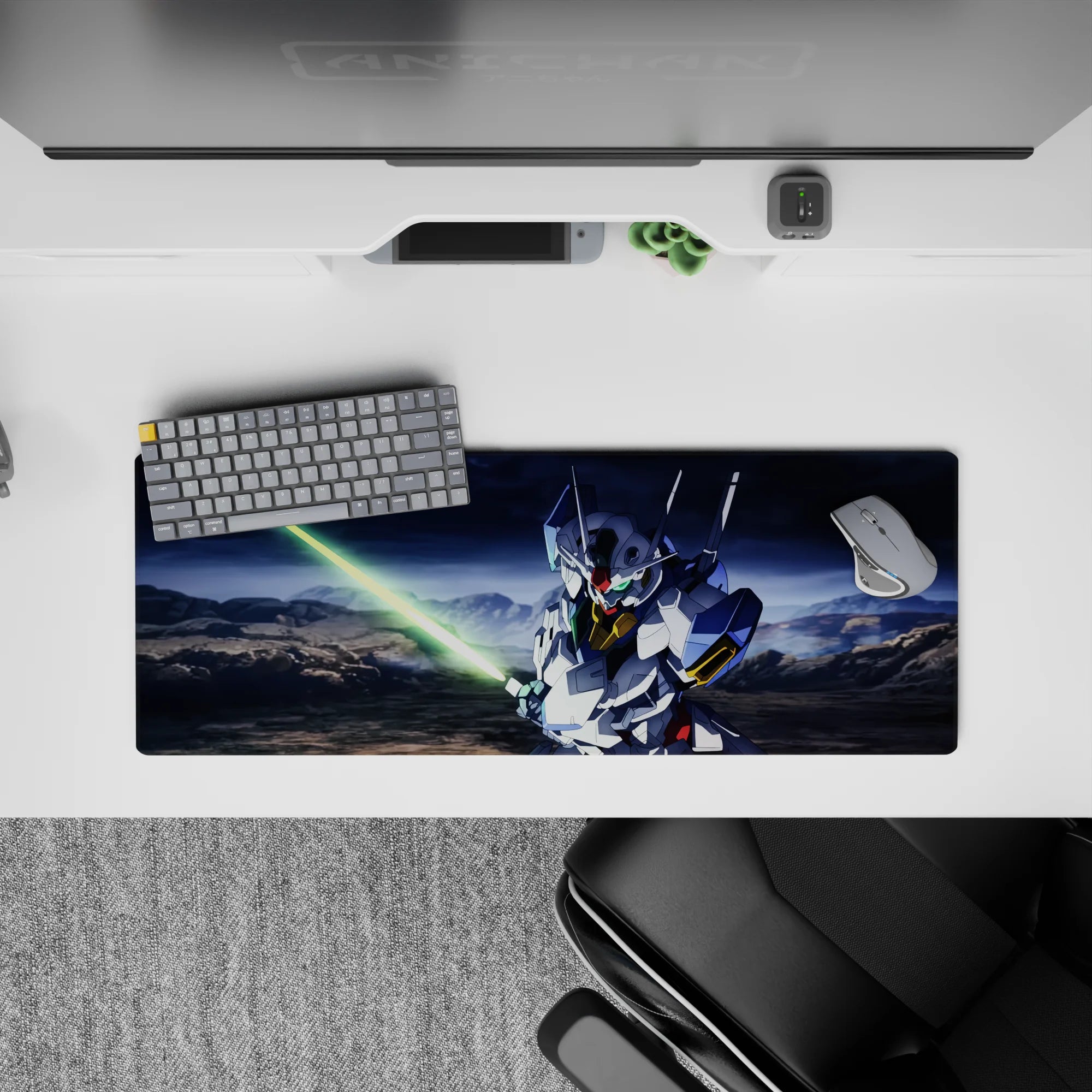 32x12 inches anime mouse pad with crisp white armor, blue panels, gold chest, and dramatic storm mood.