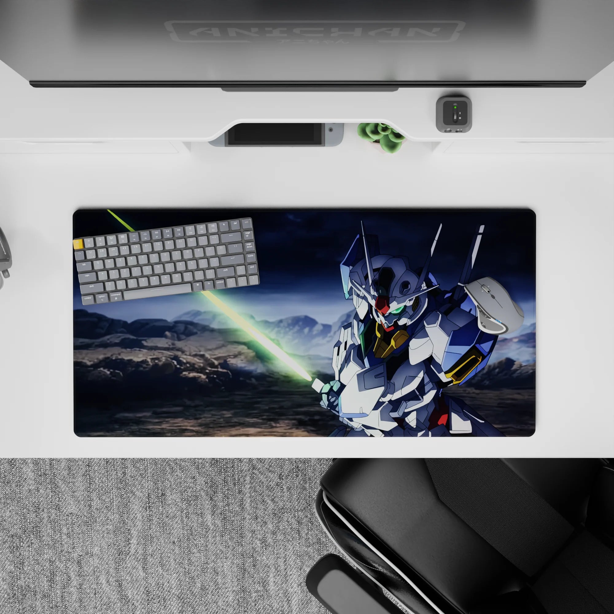 Dramatic mecha mouse pad 32x16 inches in crisp white and blue armor with warm gold chest accents.