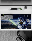 Dramatic mecha mouse pad 32x16 inches in crisp white and blue armor with warm gold chest accents.