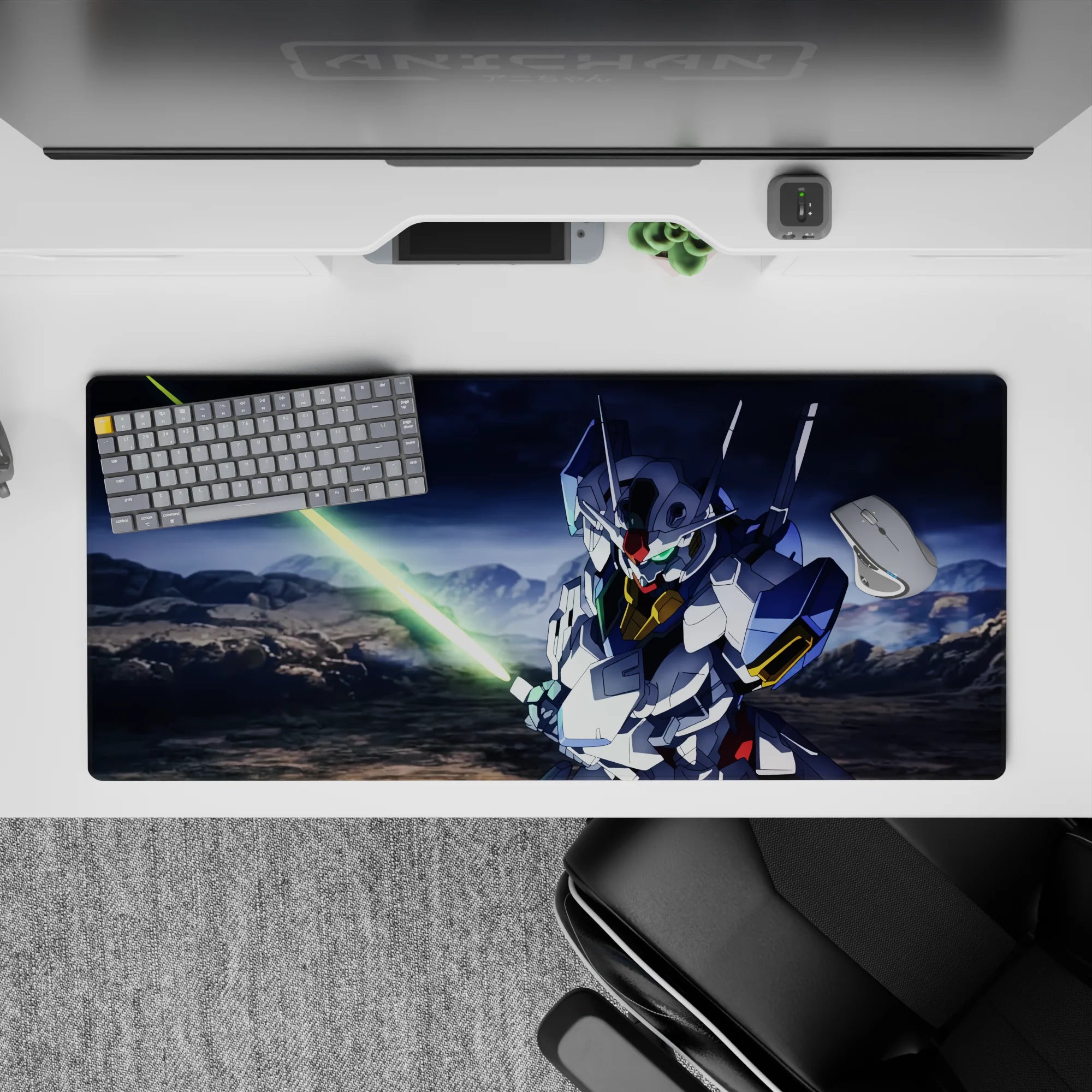 Stormy sky desk pad 36x16 inches, crisp white and blue armor, gold chest, red chin, neon blade.