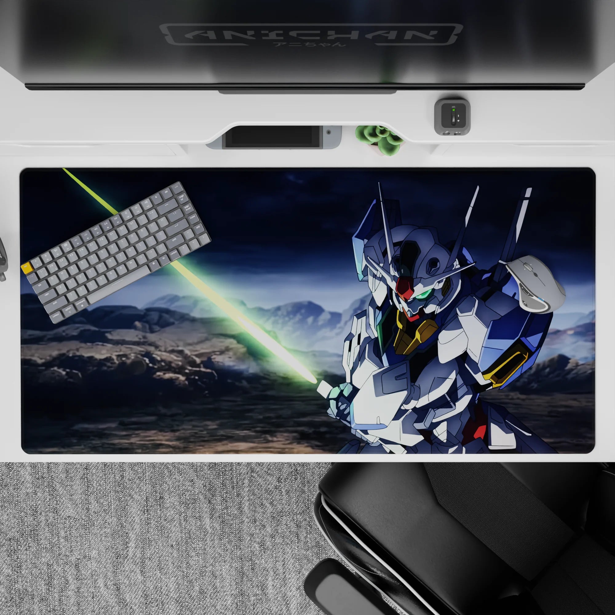 White and blue armor with gold chest accents on a dramatic storm backdrop desk pad, 40x20 inches.
