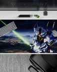 White and blue armor with gold chest accents on a dramatic storm backdrop desk pad, 40x20 inches.