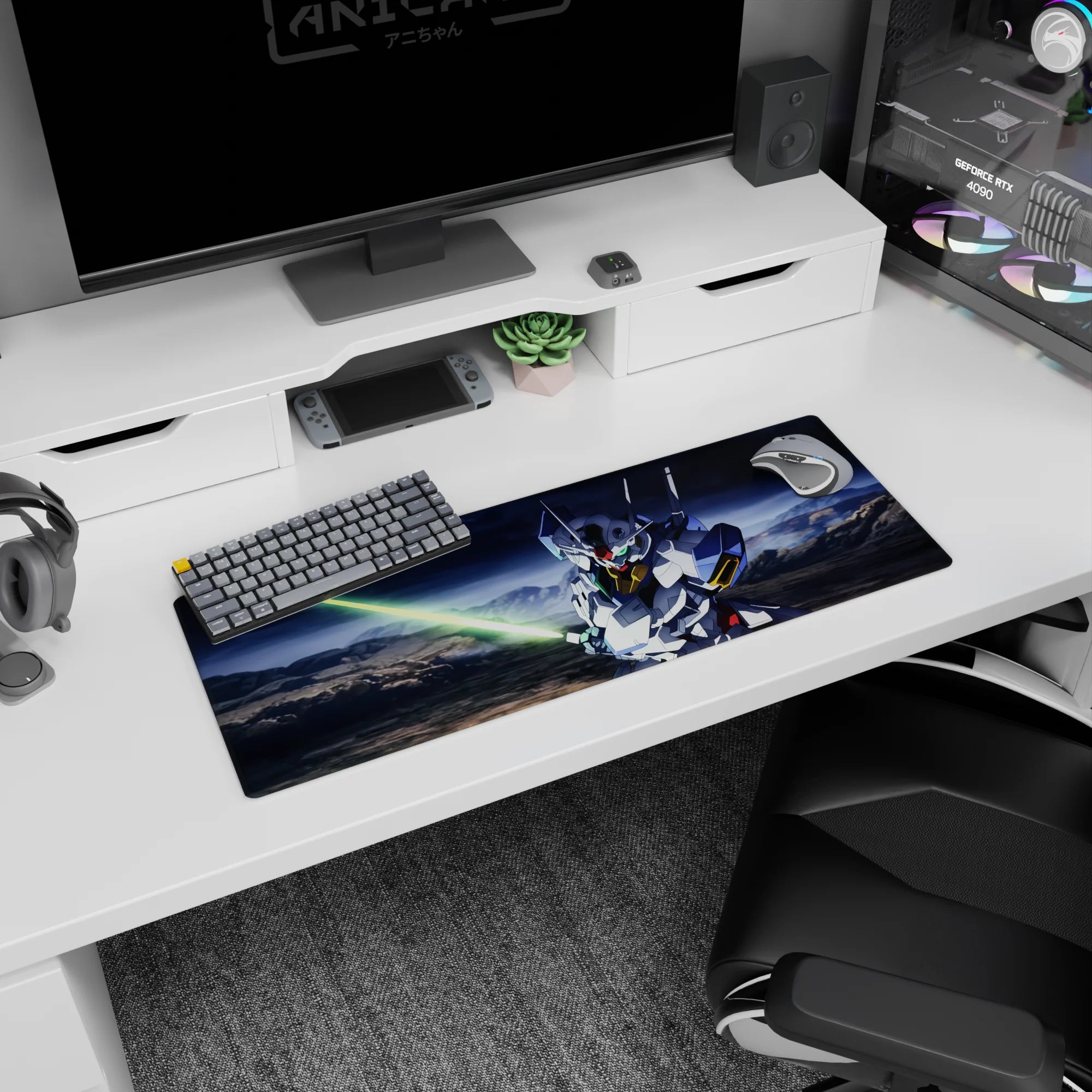 Mobile Suit Gundam 00 Setsuna F. Seiei with Gundam Exia on 32x12 inches anime mouse pad, blade drawn.