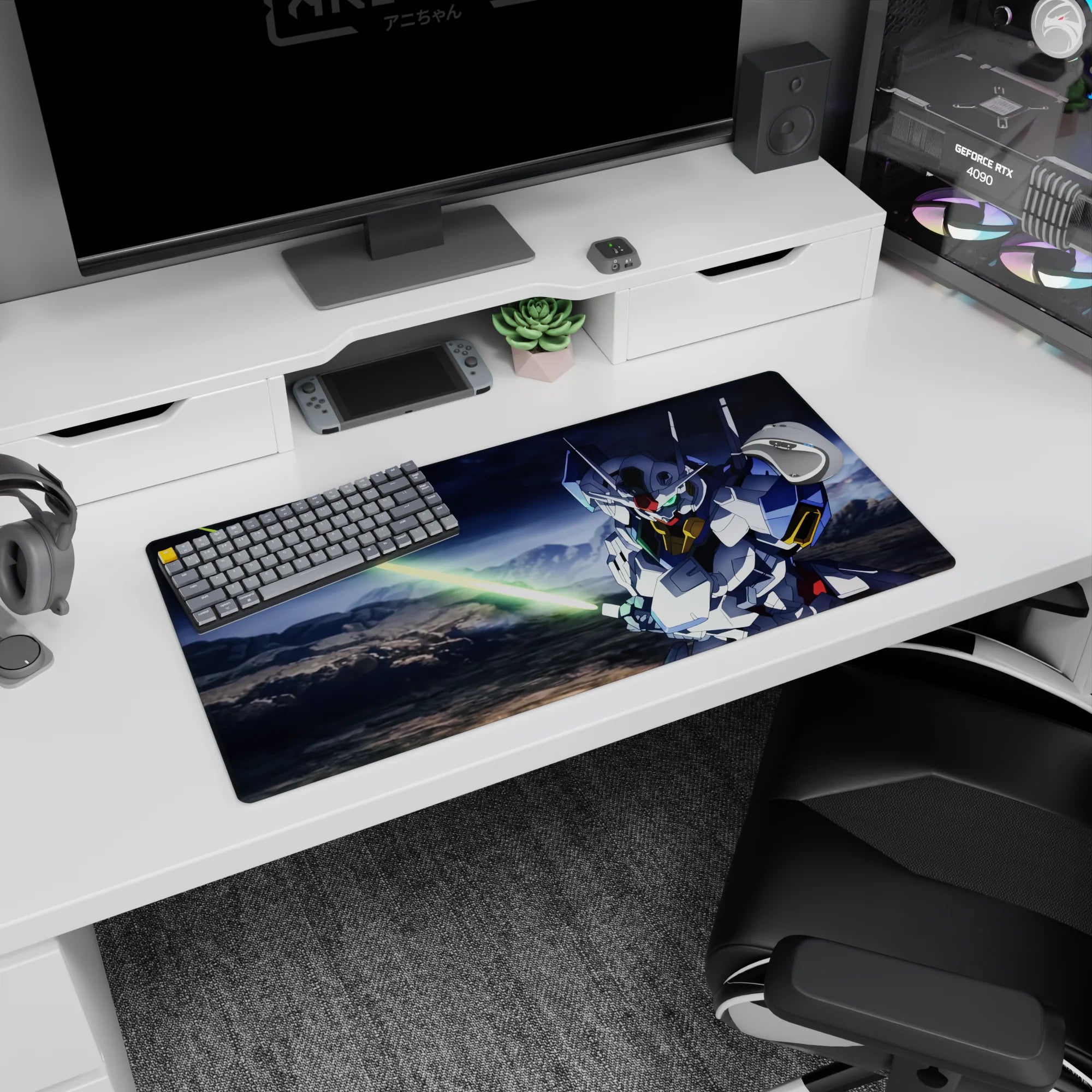 Mobile Suit Gundam 00 Setsuna F. Seiei Gundam Exia mouse pad 32x16 inches, glowing sword scene.