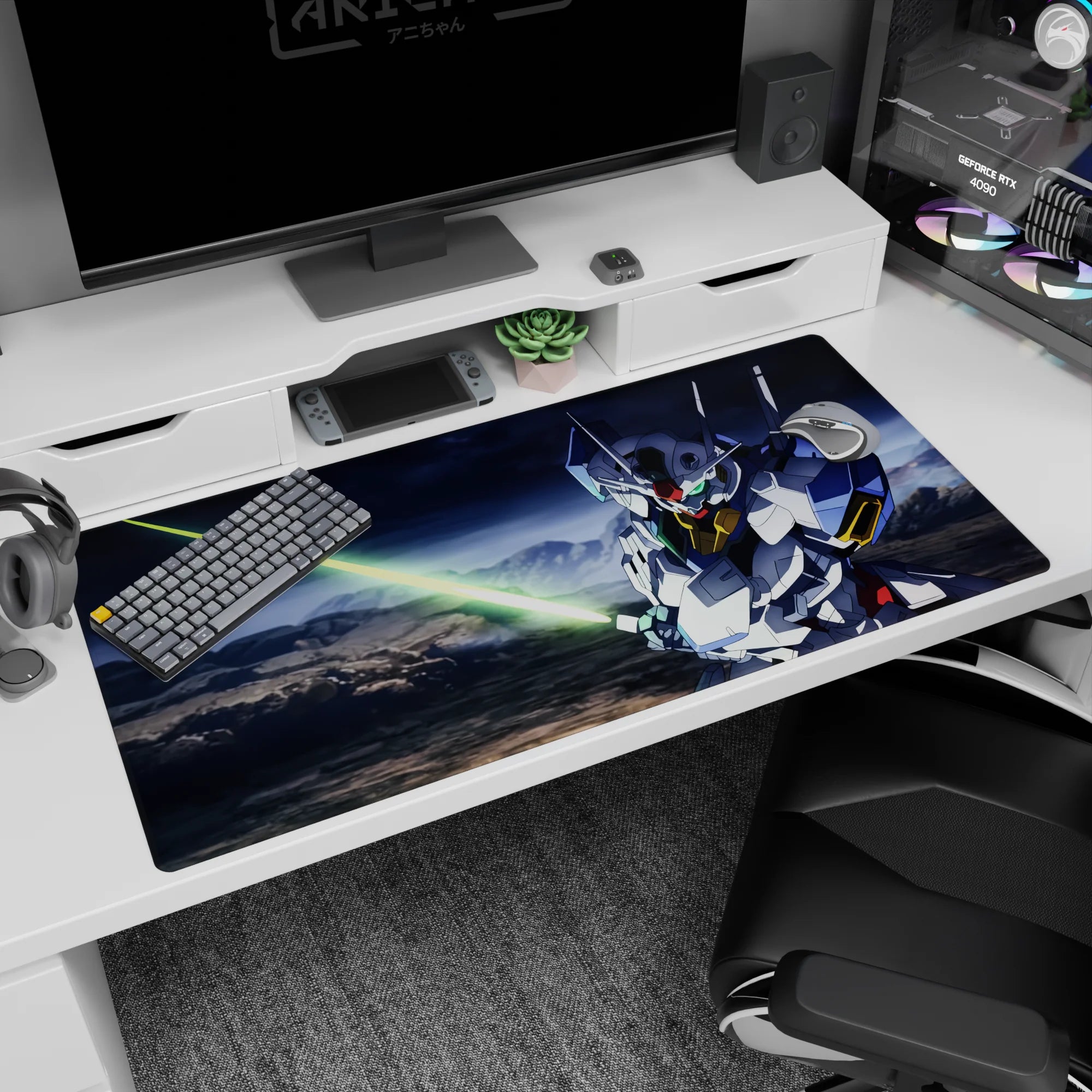 Mobile Suit Gundam 00 Setsuna F. Seiei with Gundam Exia glowing blade desk pad, 40x20 inches.