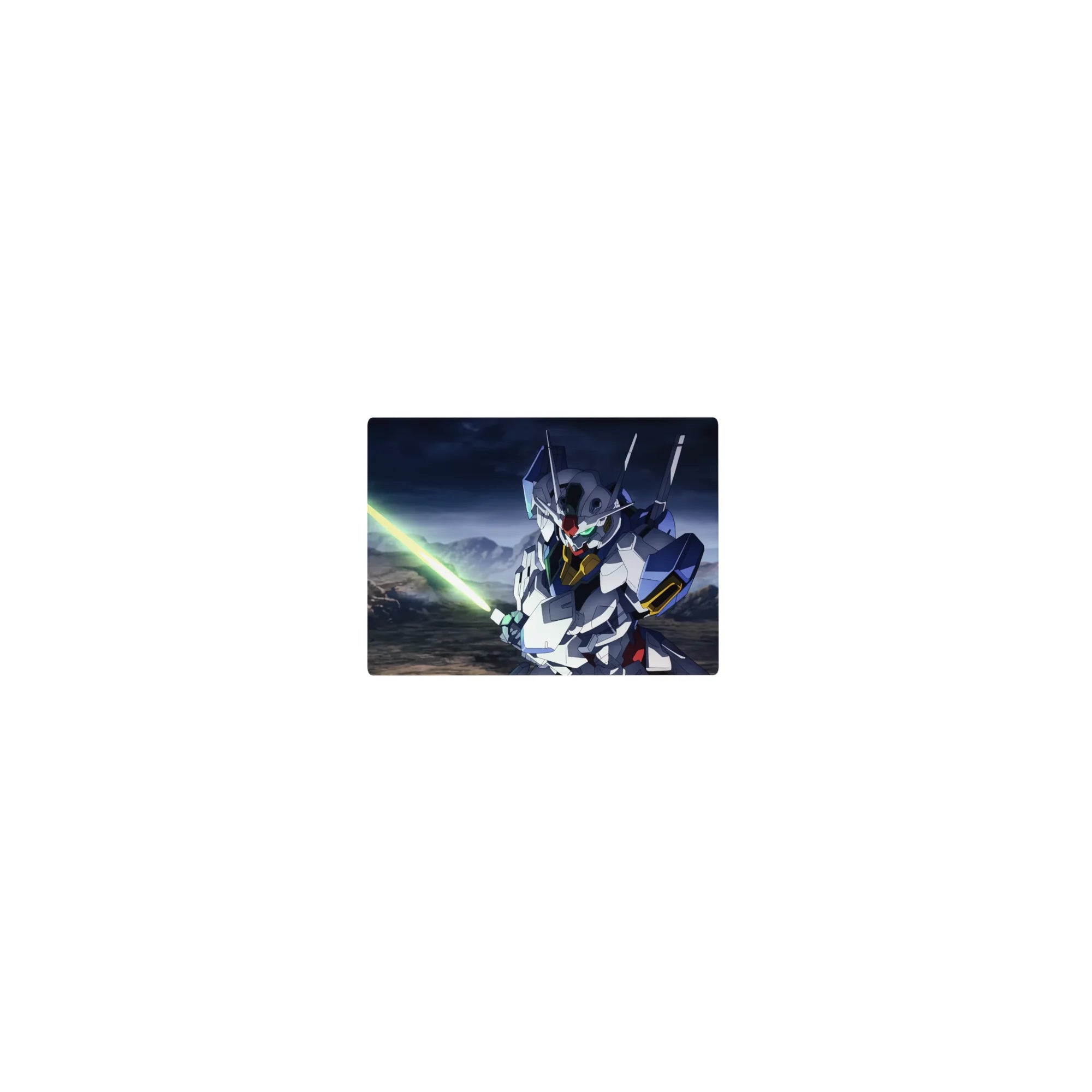Classic anime mouse pad 14x10 inches with Gundam Exia mecha art over stormy sky and rocky terrain.