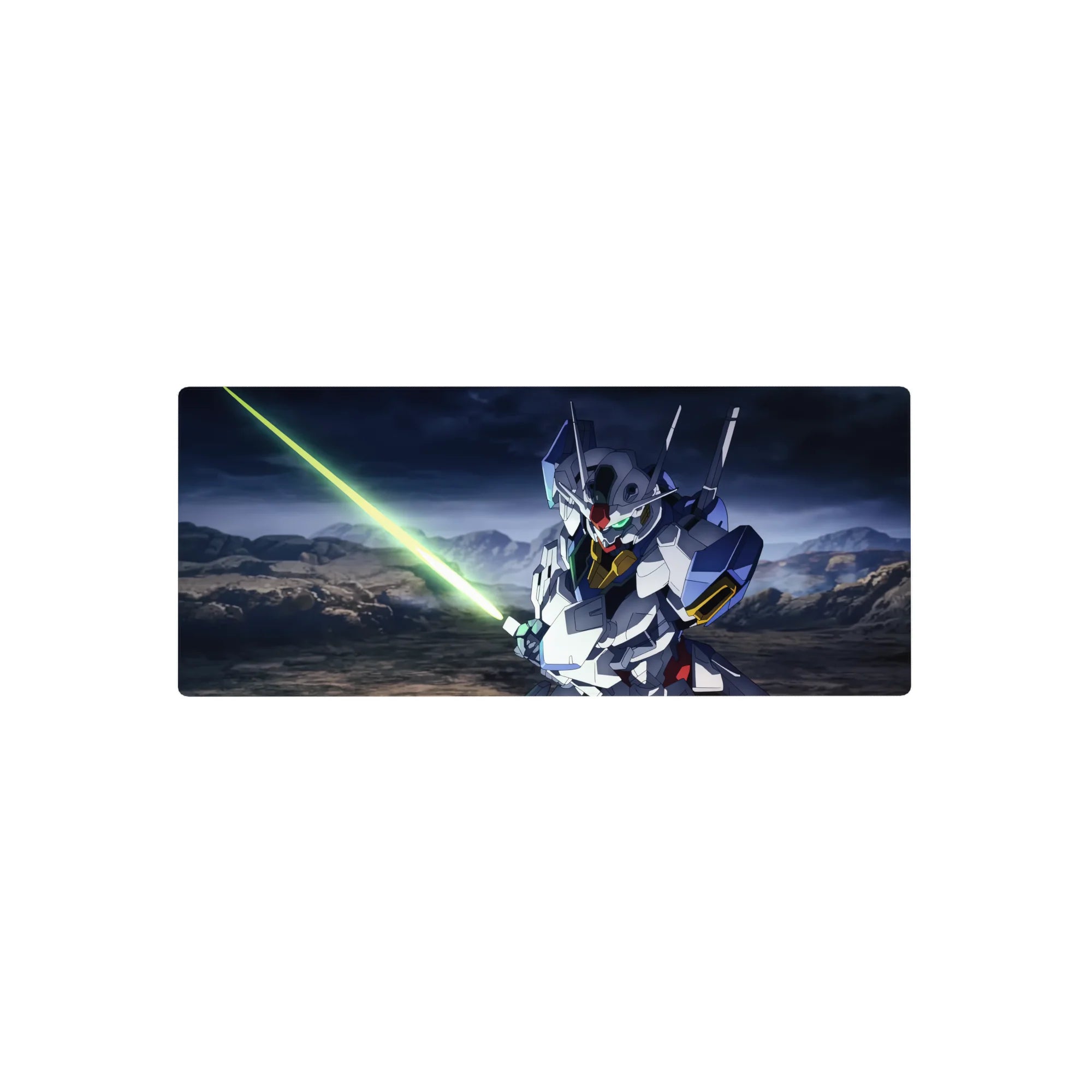 28x12 inches anime mouse pad featuring Gundam Exia in stormy skies over rocky ground, blade raised.