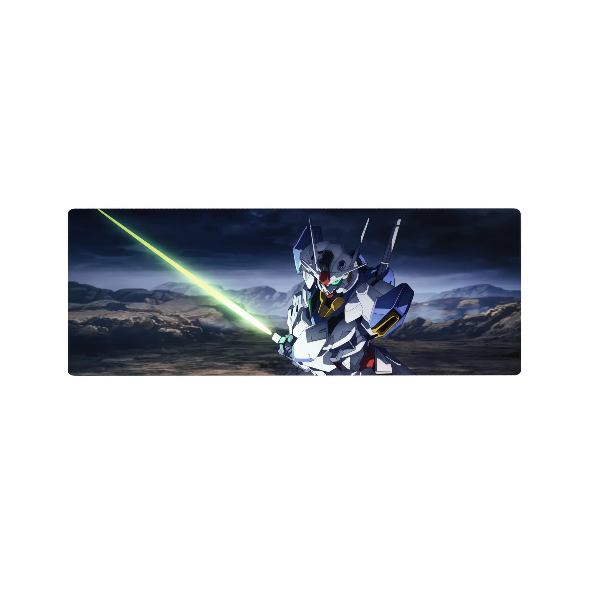 Gundam Exia anime mouse pad 32x12 inches with neon blade, stormy sky backdrop, and rocky terrain.