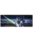 Gundam Exia anime mouse pad 32x12 inches with neon blade, stormy sky backdrop, and rocky terrain.