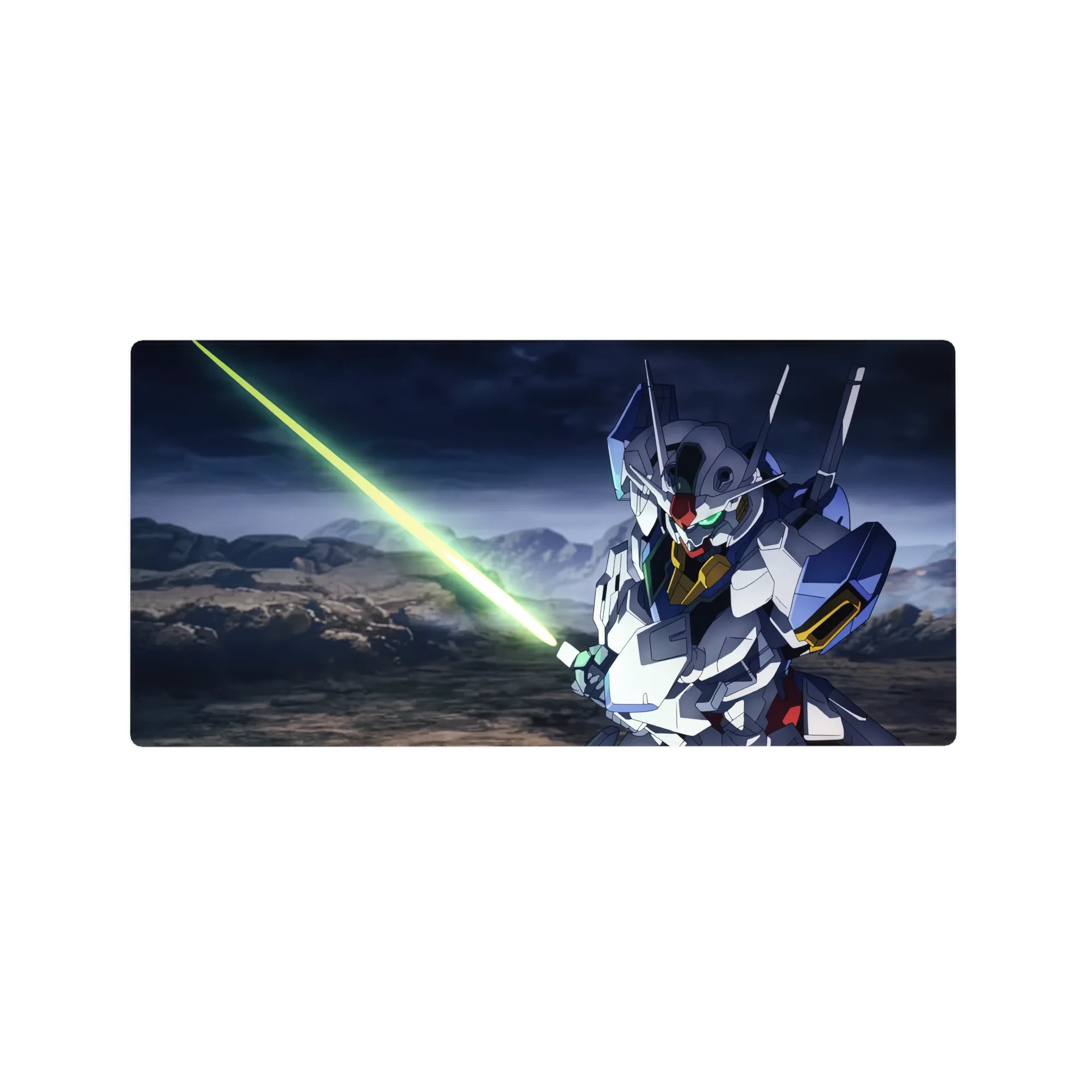 Gundam Exia anime mouse pad 32x16 inches with neon blade, stormy sky backdrop, rocky terrain.
