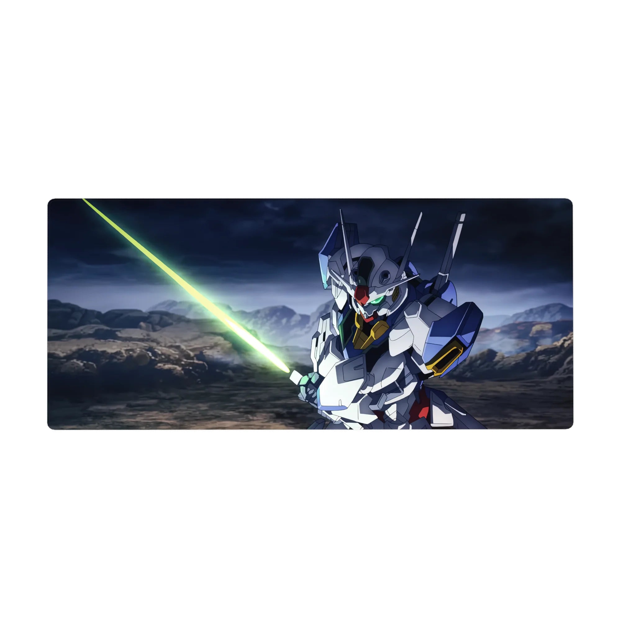 Gundam Exia anime desk pad 36x16 inches with mecha armor and glowing blade on rocky terrain.