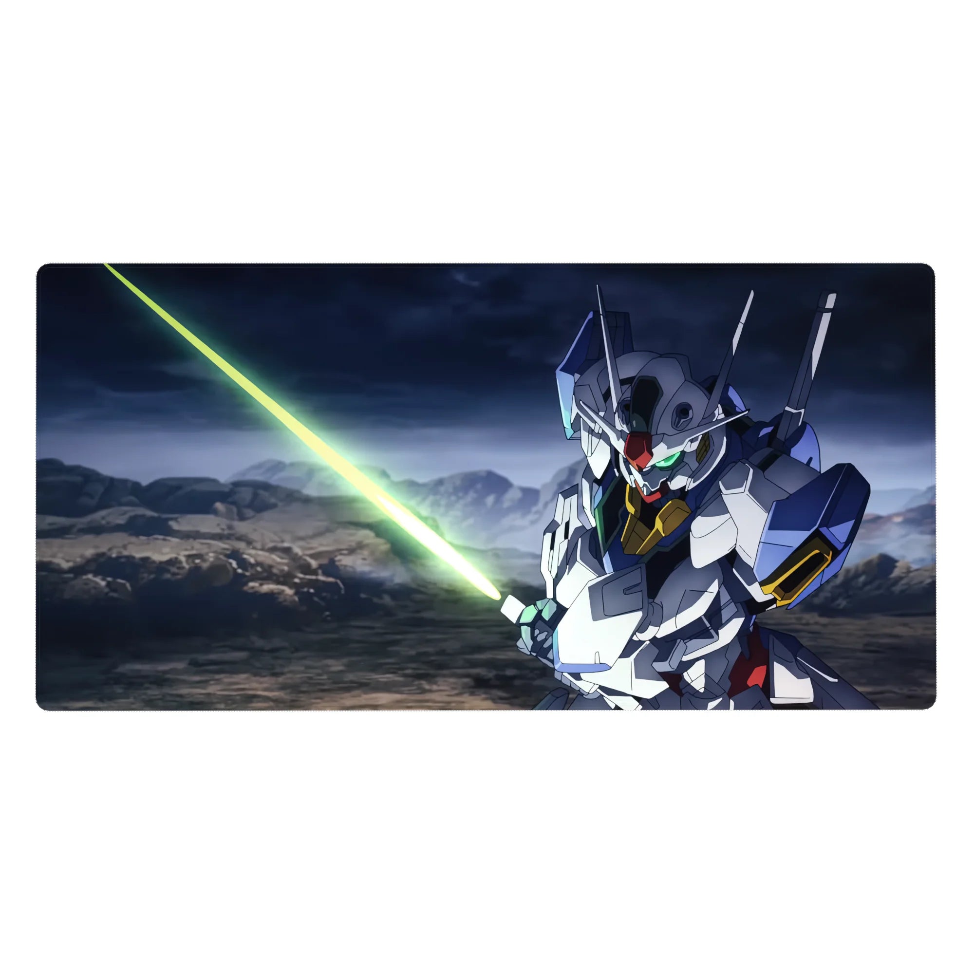 Gundam Exia mecha anime desk pad, stormy sky and rocky ground scene, 40x20 inches.