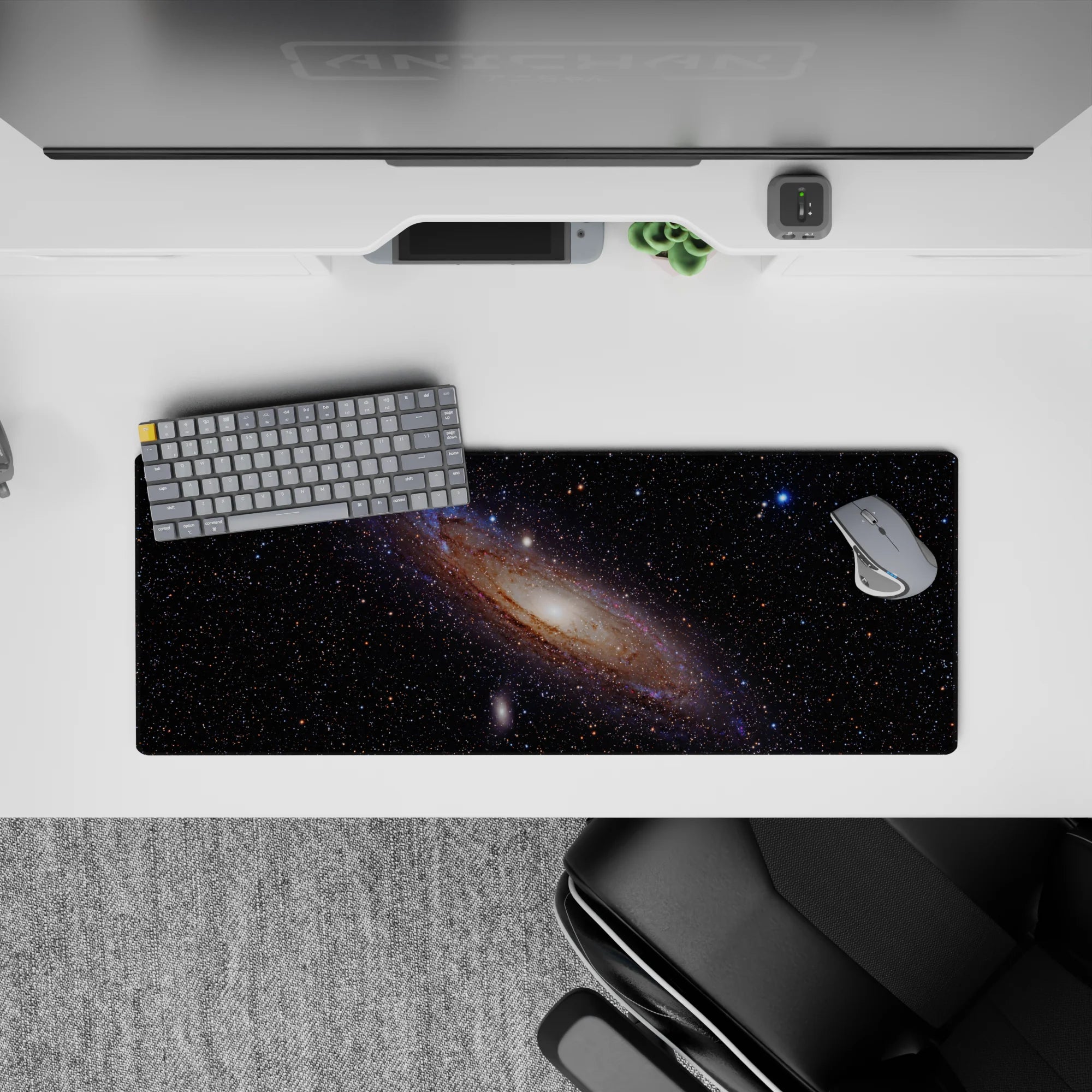 Deep black 32x12 inches mouse pad with creamy glow, wispy blues, violet haze, and amber star sparks.